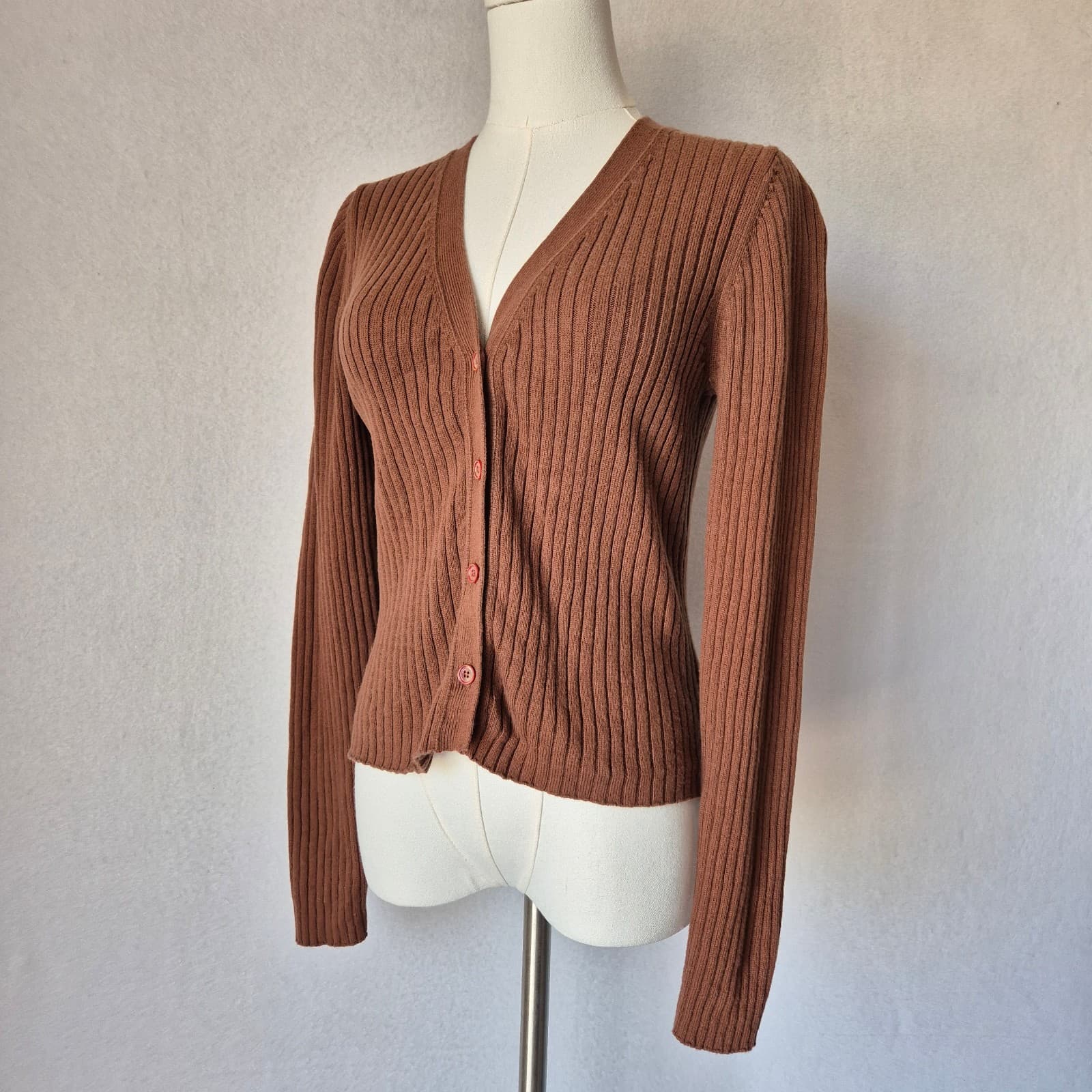 Aritzia Wilfred Size L Manila Wool Blend Ribbed Cropped Cardigan Button Brown - Thumbnail 3
