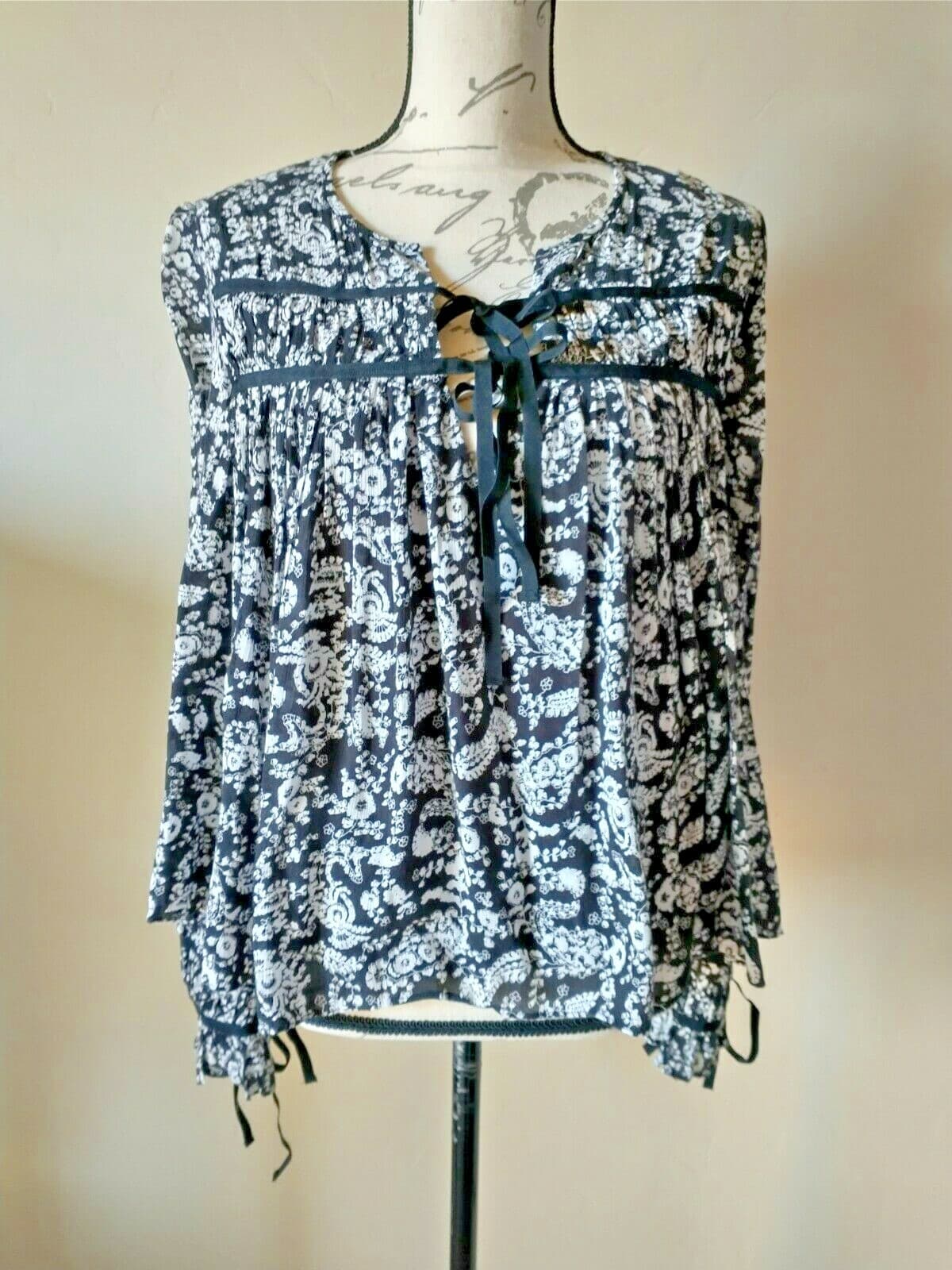 REBECCA MINKOFF Rayon Floral Boho Top Long Puff Sleeve Black White Sz.M - Thumbnail 2