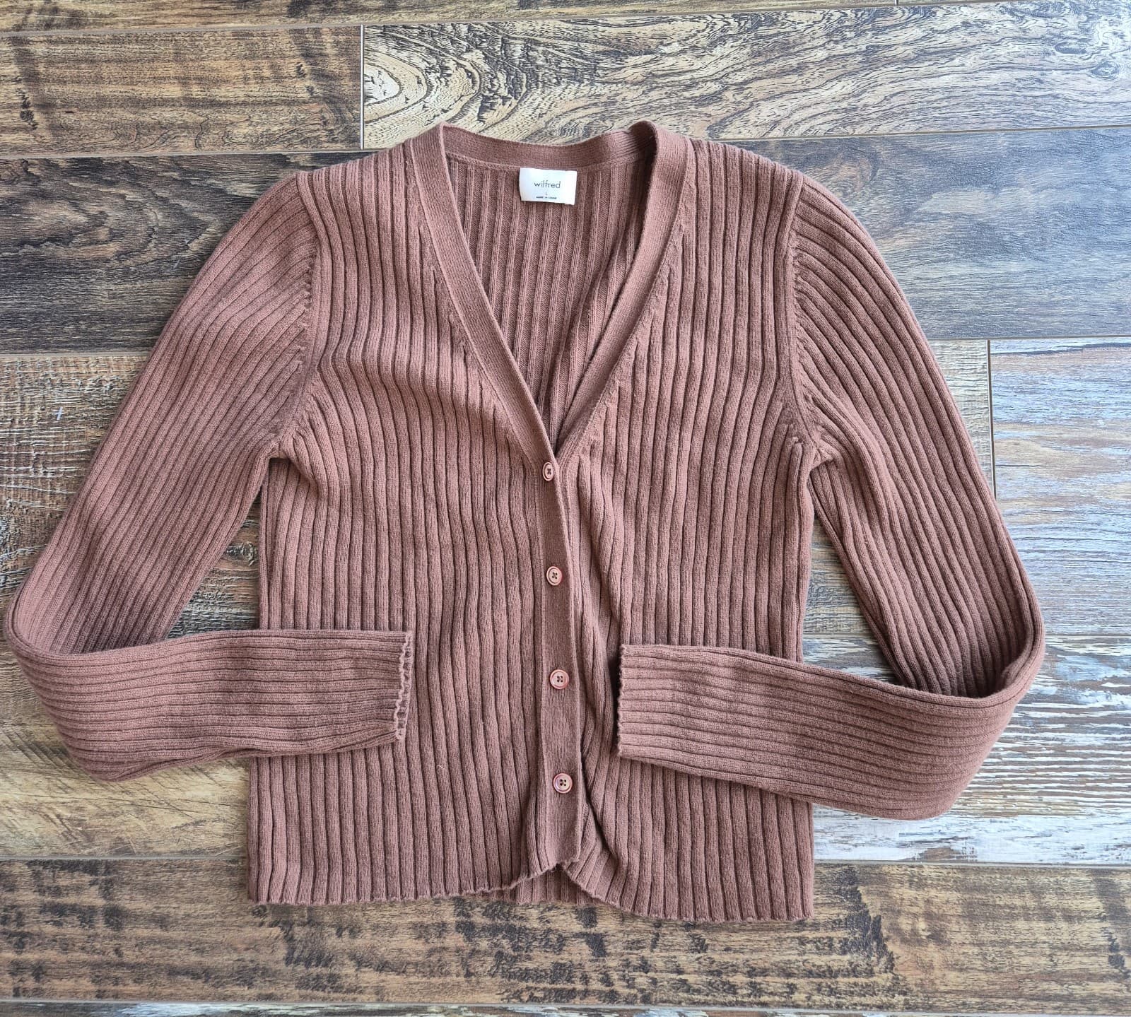 Aritzia Wilfred Size L Manila Wool Blend Ribbed Cropped Cardigan Button Brown - Thumbnail 5
