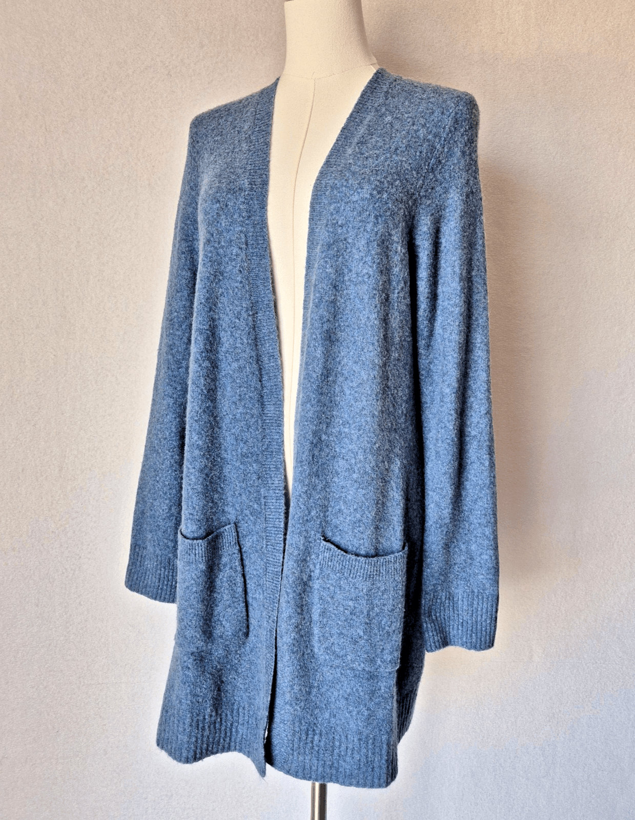 Talbots Open Front Long Duster Cardigan Pocket Acrylic Wool Alpaca Blue Sz.MP