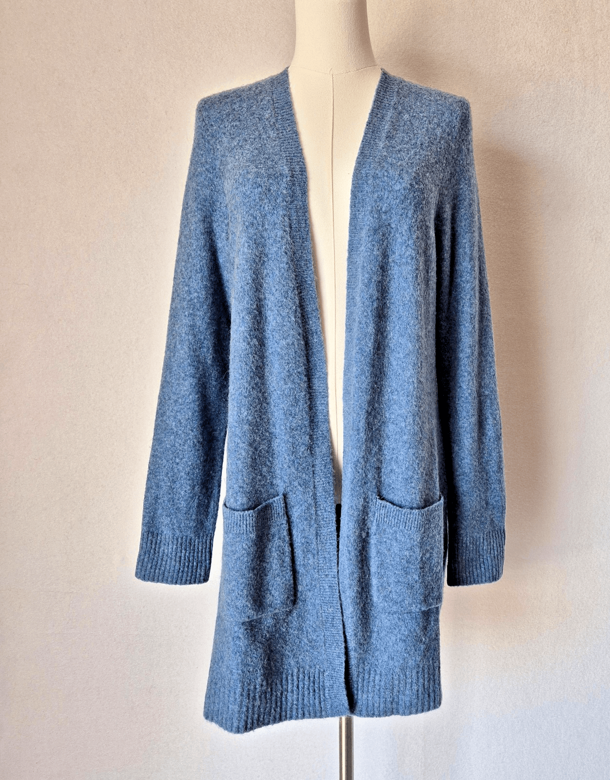 Talbots Open Front Long Duster Cardigan Pocket Acrylic Wool Alpaca Blue Sz.MP - Thumbnail 2
