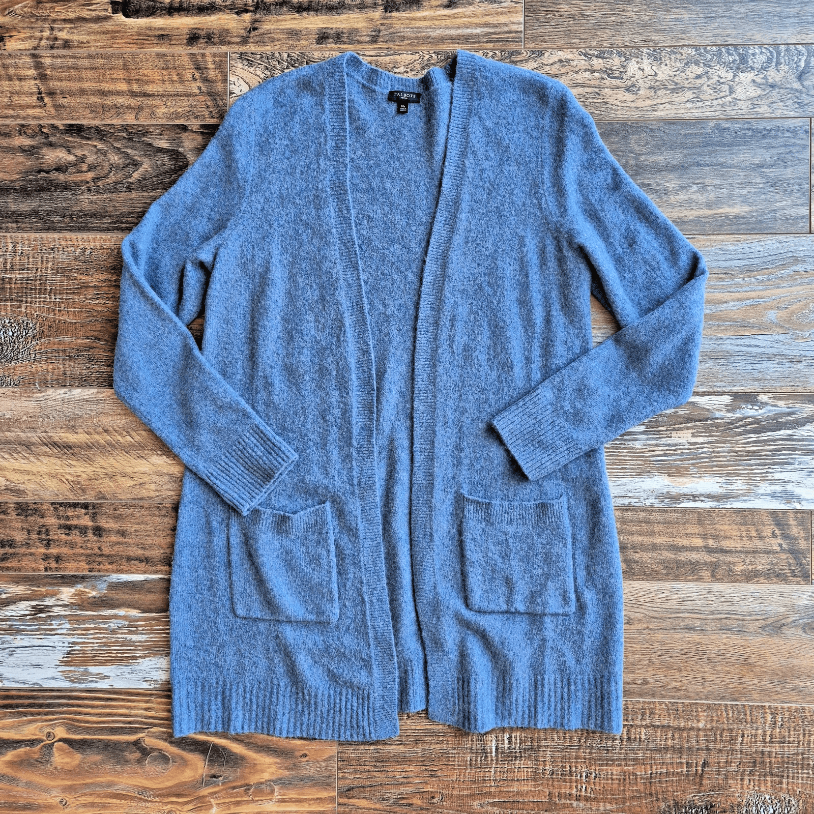 Talbots Open Front Long Duster Cardigan Pocket Acrylic Wool Alpaca Blue Sz.MP - Thumbnail 3