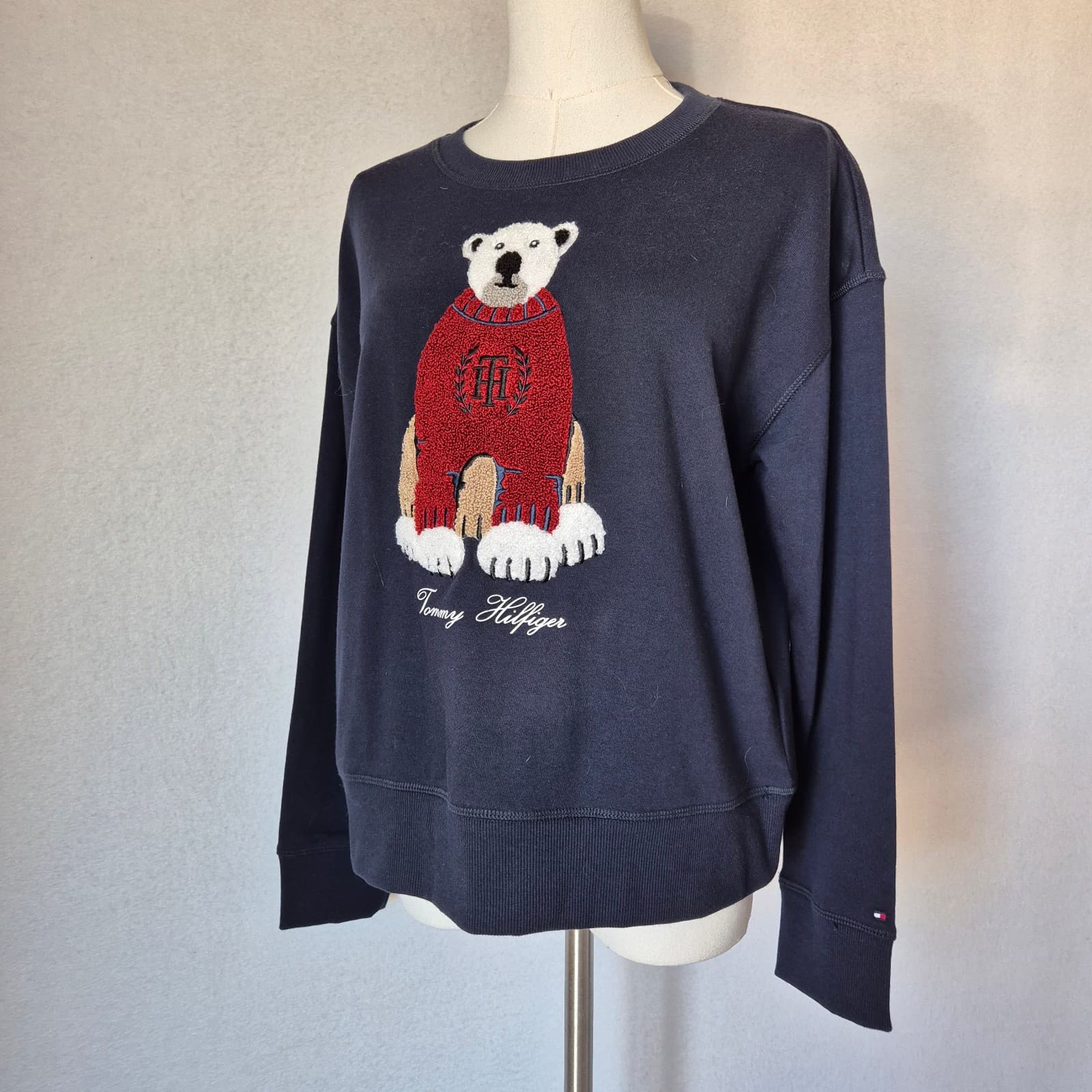 Tommy Hilfiger Polar Bear Embroidered Terry Knit Crewneck Sweatshirt Blue S/M - Thumbnail 3