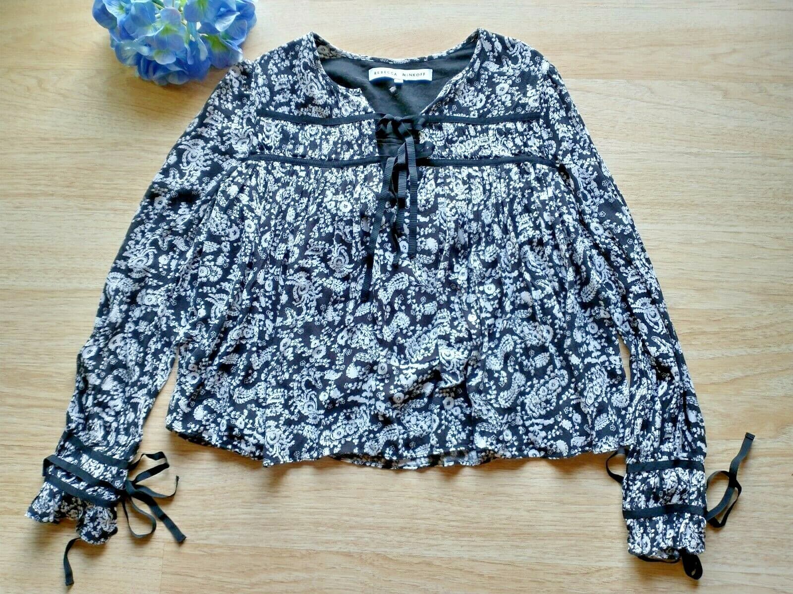 REBECCA MINKOFF Rayon Floral Boho Top Long Puff Sleeve Black White Sz.M
