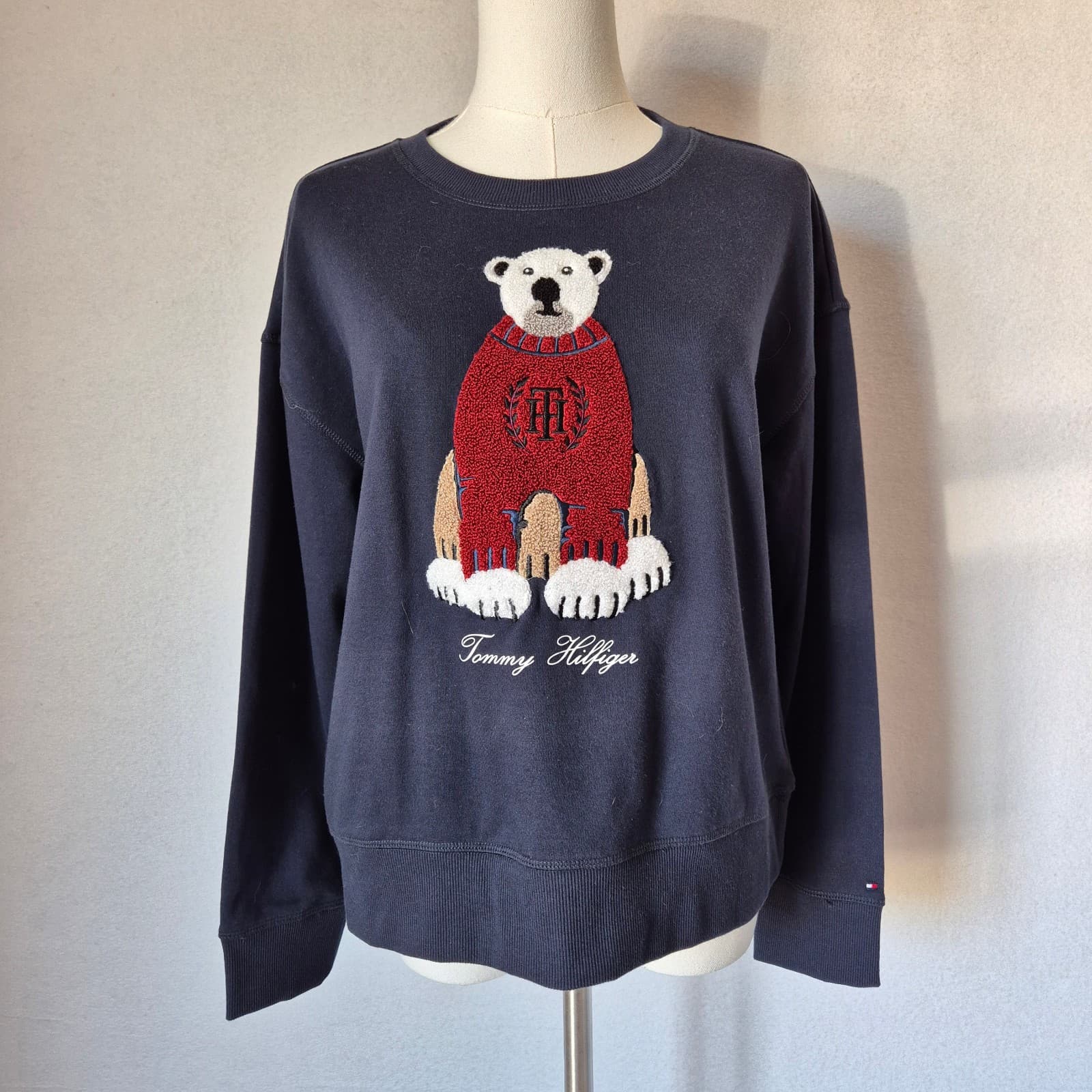 Tommy Hilfiger Polar Bear Embroidered Terry Knit Crewneck Sweatshirt Blue S/M - Thumbnail 2