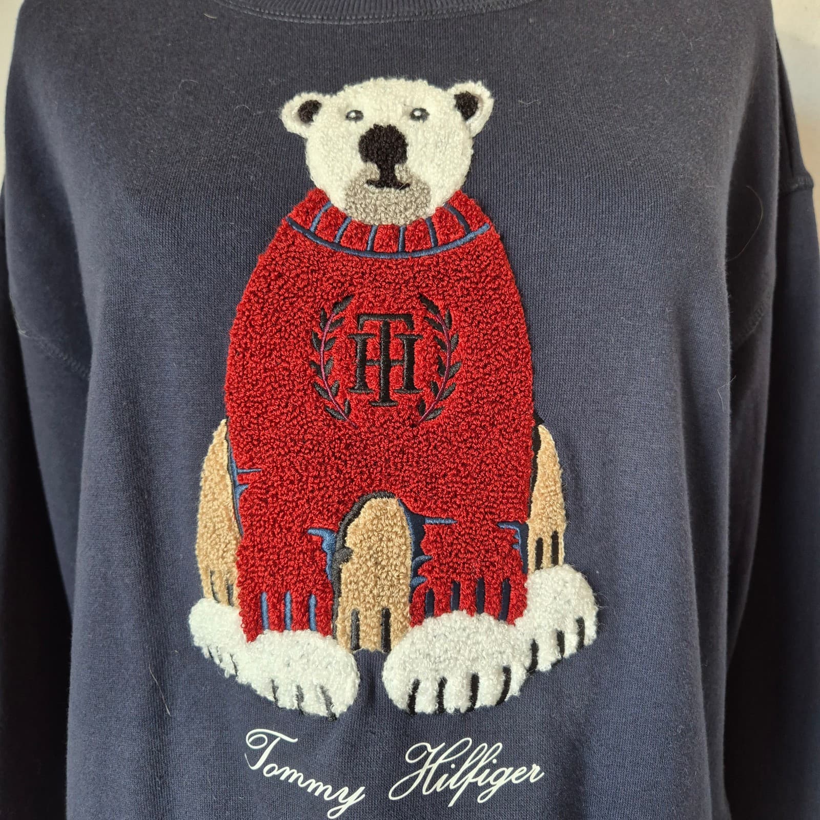Tommy Hilfiger Polar Bear Embroidered Terry Knit Crewneck Sweatshirt Blue S/M - Thumbnail 4