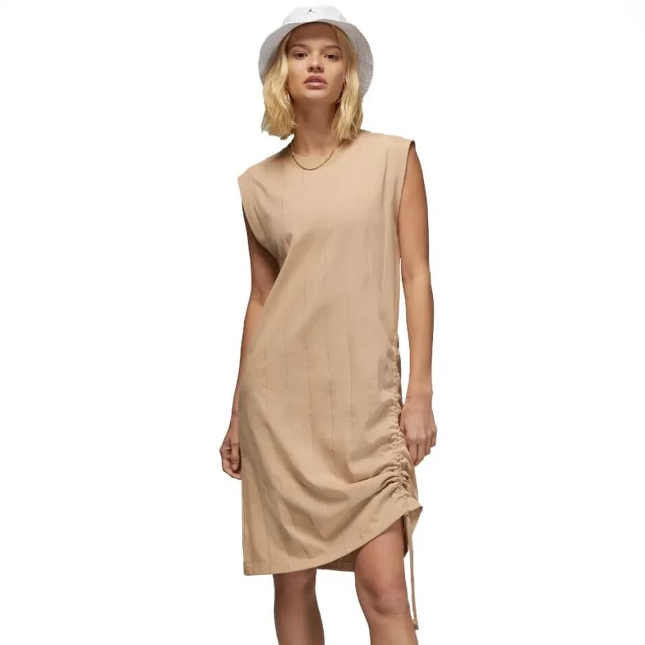 NWT NIKE JORDAN Jumpman Tank Dress Ruching-Lace Hem Pocket Crew Neck Beige Sz.L - Thumbnail 6