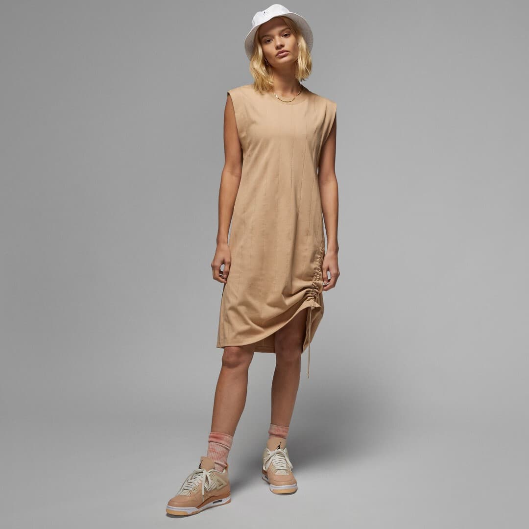 NWT NIKE JORDAN Jumpman Tank Dress Ruching-Lace Hem Pocket Crew Neck Beige Sz.L - Thumbnail 2