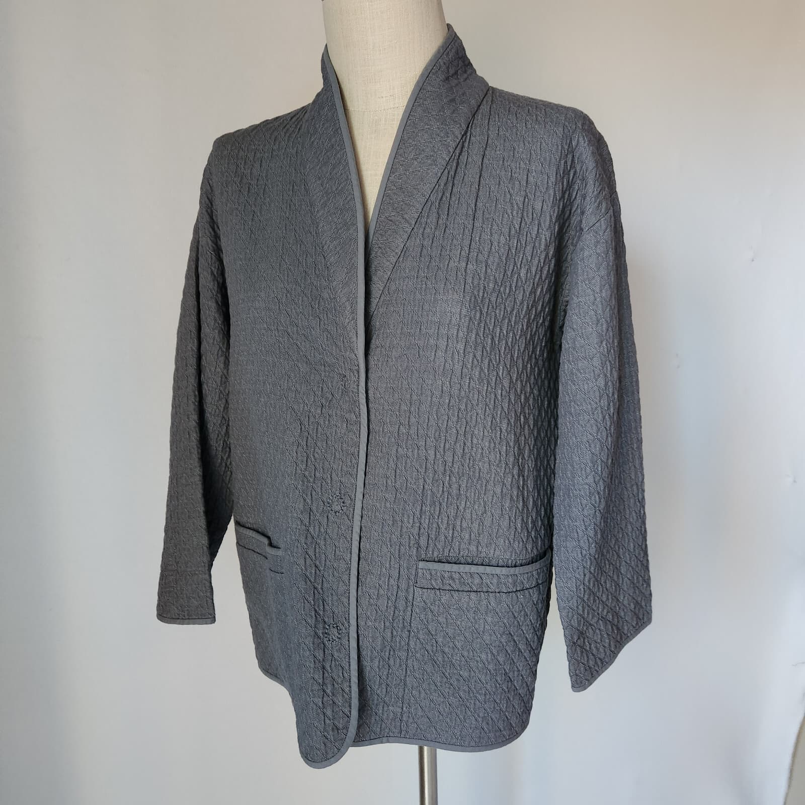 EILEEN FISHER Quitled Diamond Textured Jacket Snap Pocket Cotton Blue-Grey Sz.S - Thumbnail 2