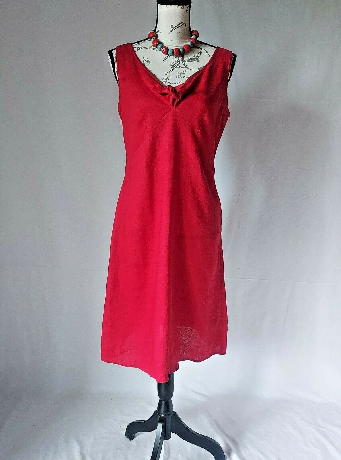 Isabella Bird 100% Linen Tie-Neck Midi Sheath Dress Sleeveless Zip Red Women 4