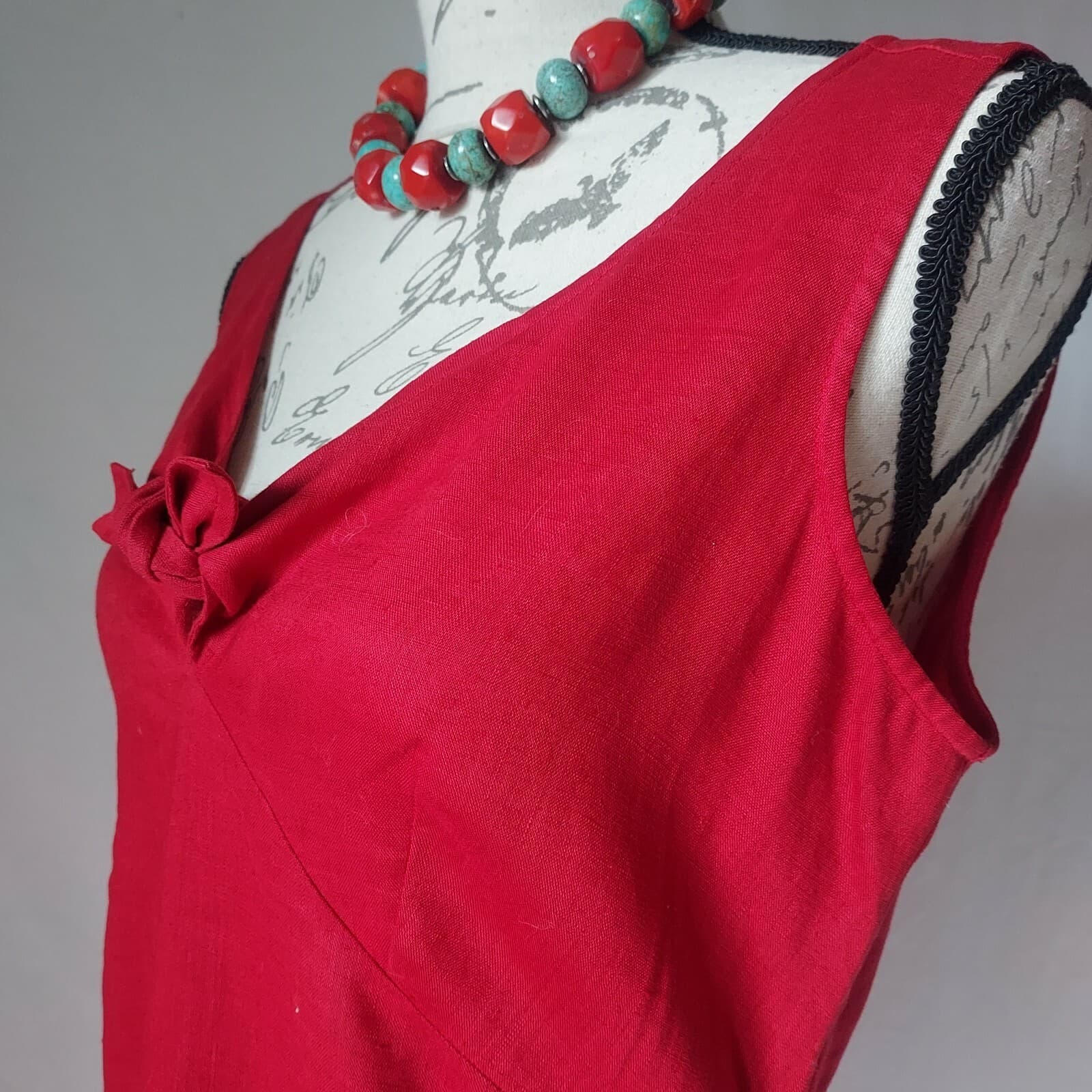 Isabella Bird 100% Linen Tie-Neck Midi Sheath Dress Sleeveless Zip Red Women 4 - Thumbnail 5