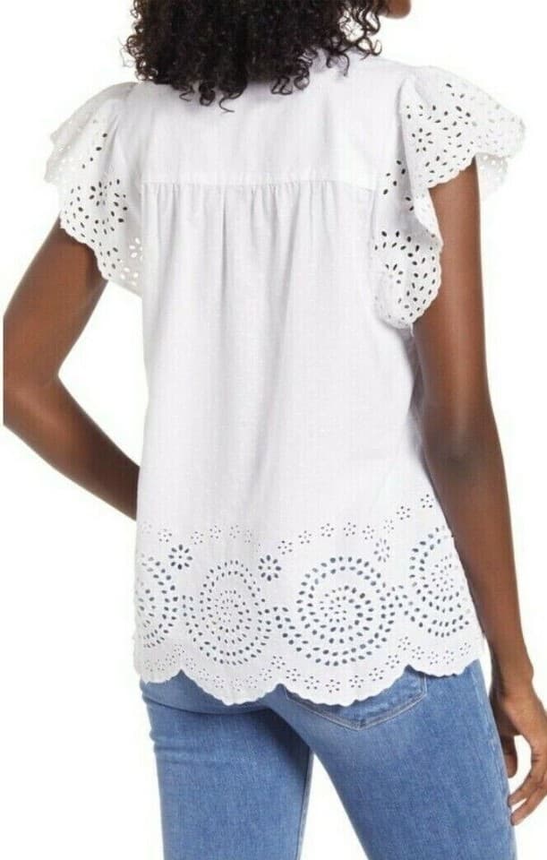 Faherty Aurora Cotton Embroidered Eyelet Blouse Cap Sleeve V-Neck White Sz.XL - Thumbnail 7