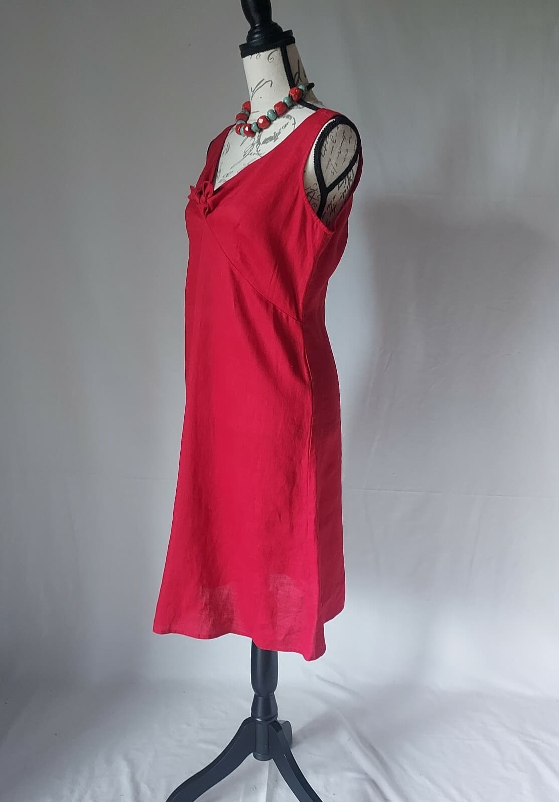 Isabella Bird 100% Linen Tie-Neck Midi Sheath Dress Sleeveless Zip Red Women 4 - Thumbnail 6
