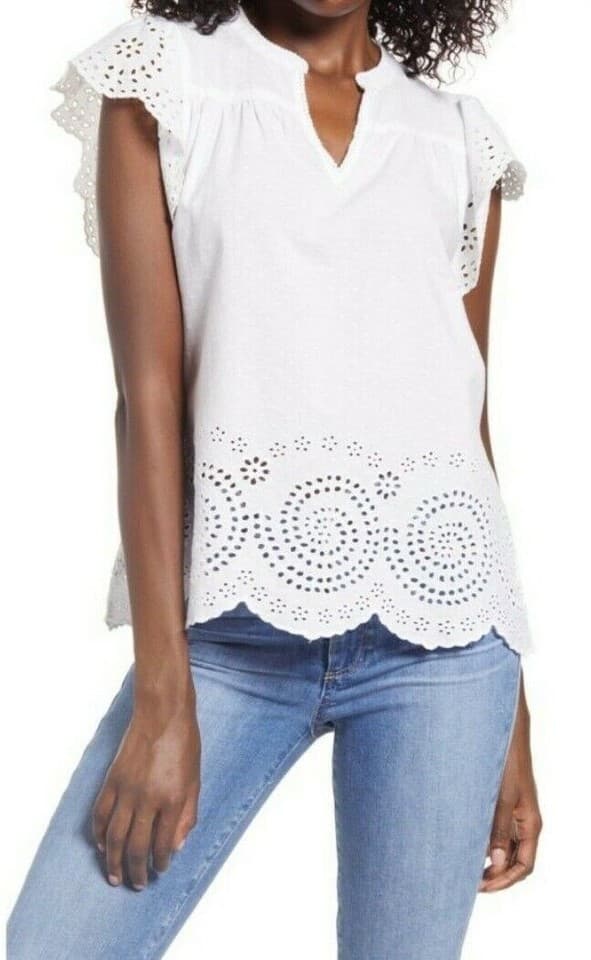 Faherty Aurora Cotton Embroidered Eyelet Blouse Cap Sleeve V-Neck White Sz.XL - Thumbnail 3