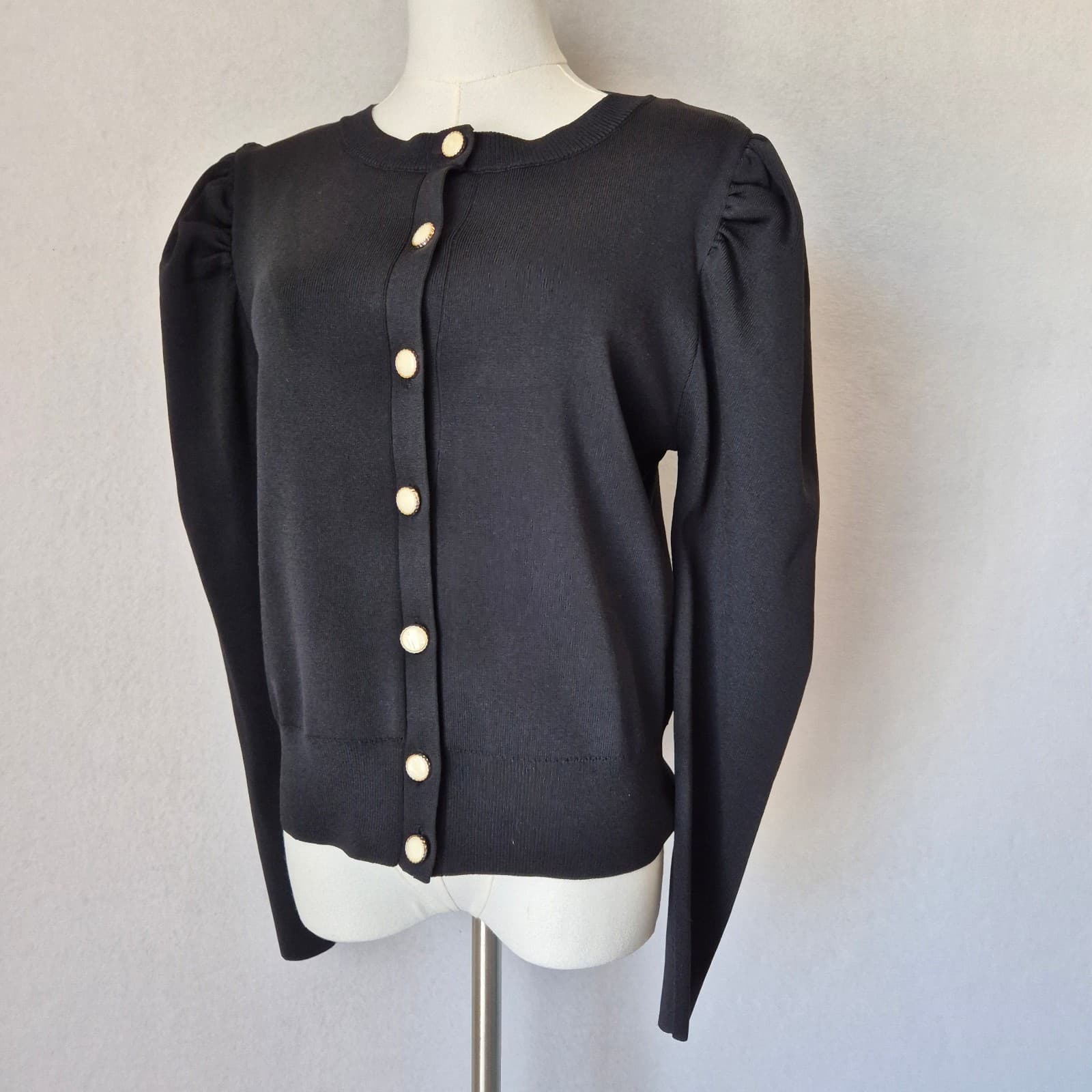 ZARA Size L Puff Sleeve Crew Neck Cardigan Faux Pearl Button Long Sleeve Black - Thumbnail 4