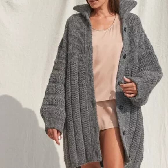 Lunya $398 Wool Blend Soft Chunky Knit Cardigan Sweater Button Pocket Gray XS/S - Thumbnail 5
