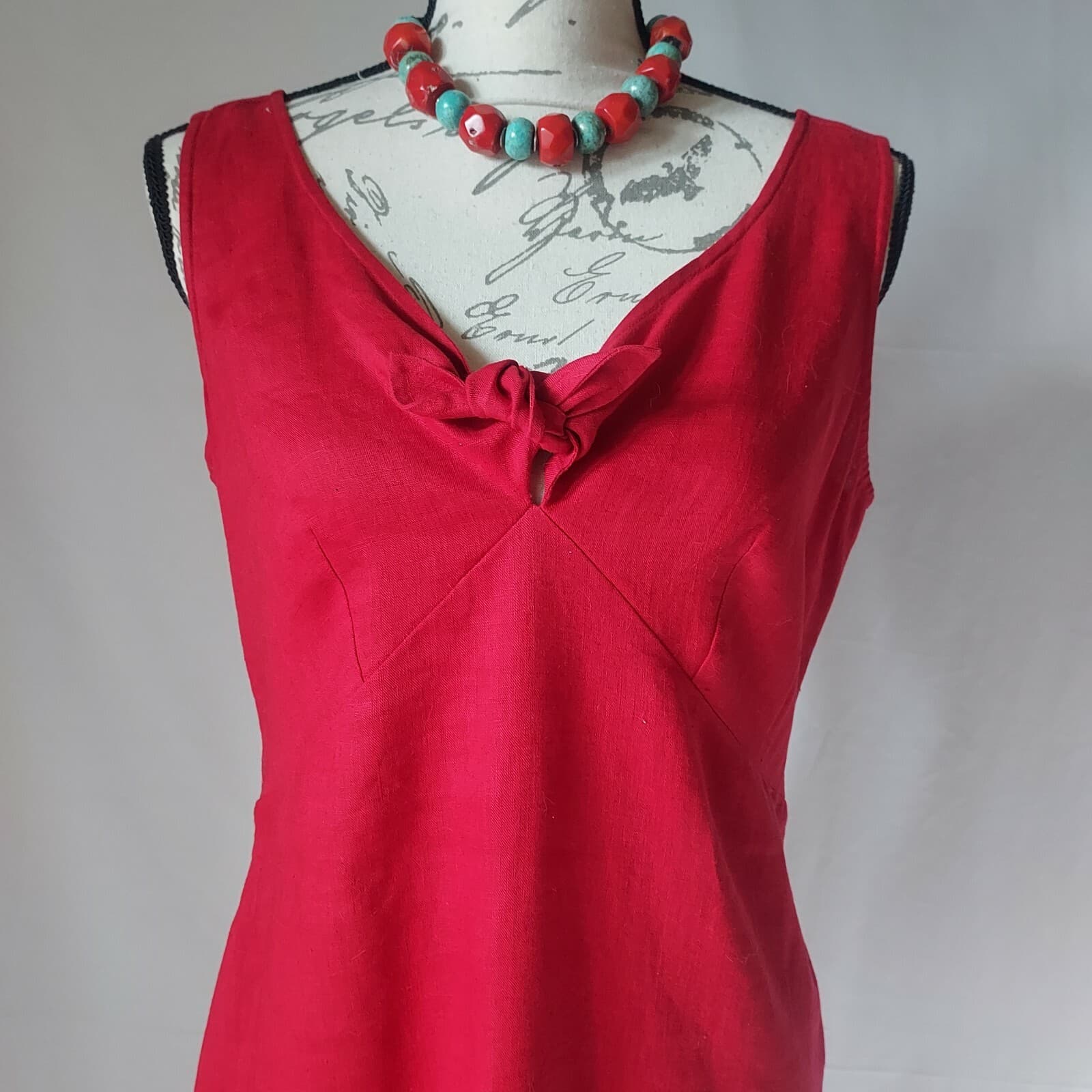 Isabella Bird 100% Linen Tie-Neck Midi Sheath Dress Sleeveless Zip Red Women 4 - Thumbnail 2