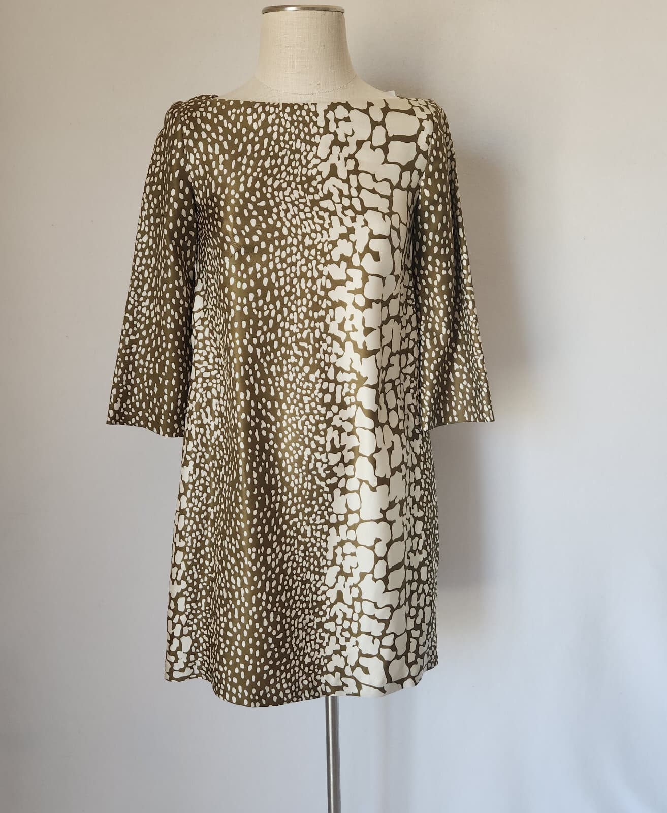 NWT J.Crew Silk Animal-Printed Twill Retro Mini Shift Dress Ivory Green Sz.2