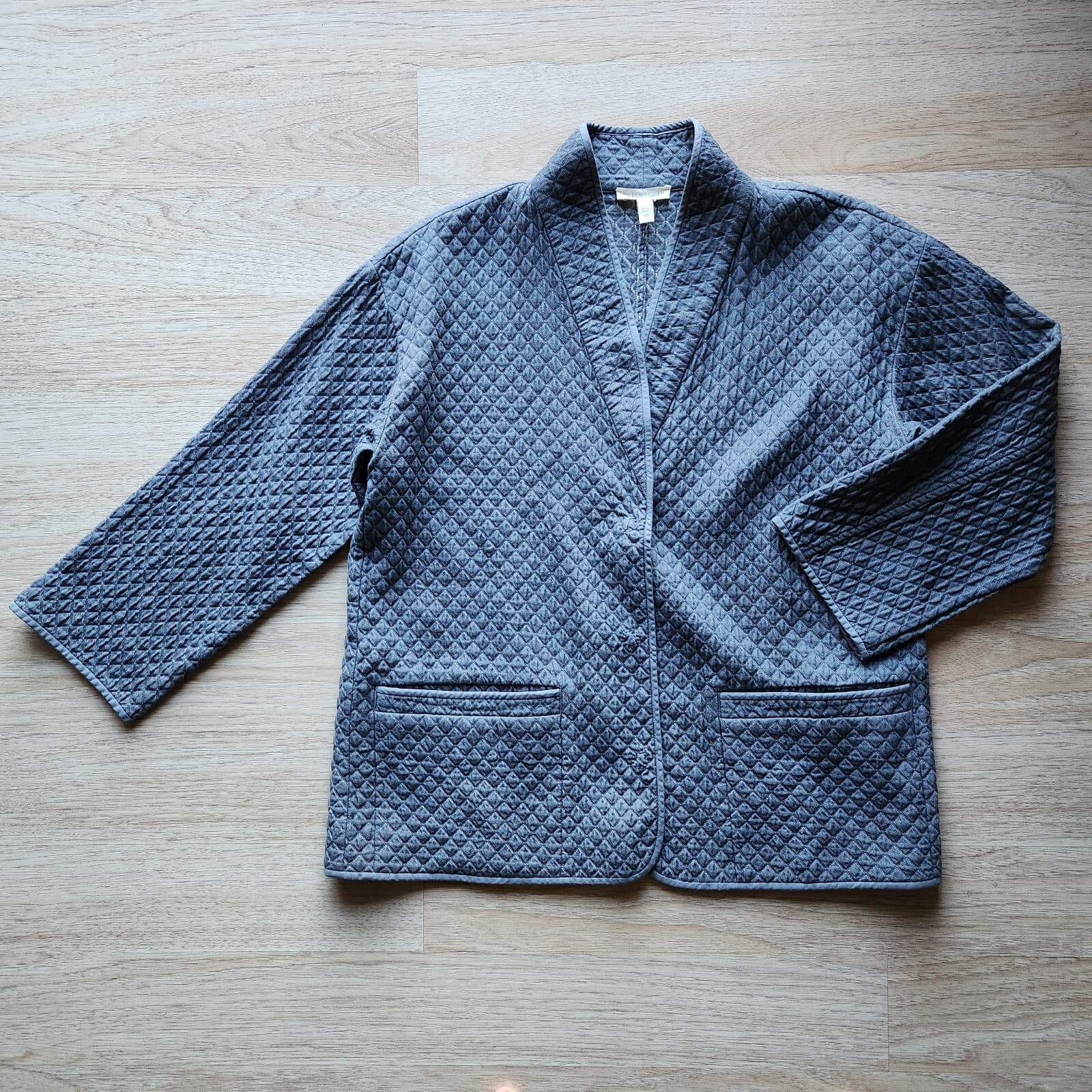 EILEEN FISHER Quitled Diamond Textured Jacket Snap Pocket Cotton Blue-Grey Sz.S - Thumbnail 5