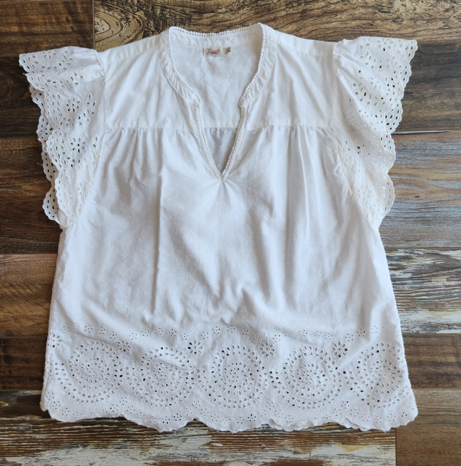 Faherty Aurora Cotton Embroidered Eyelet Blouse Cap Sleeve V-Neck White Sz.XL - Thumbnail 5