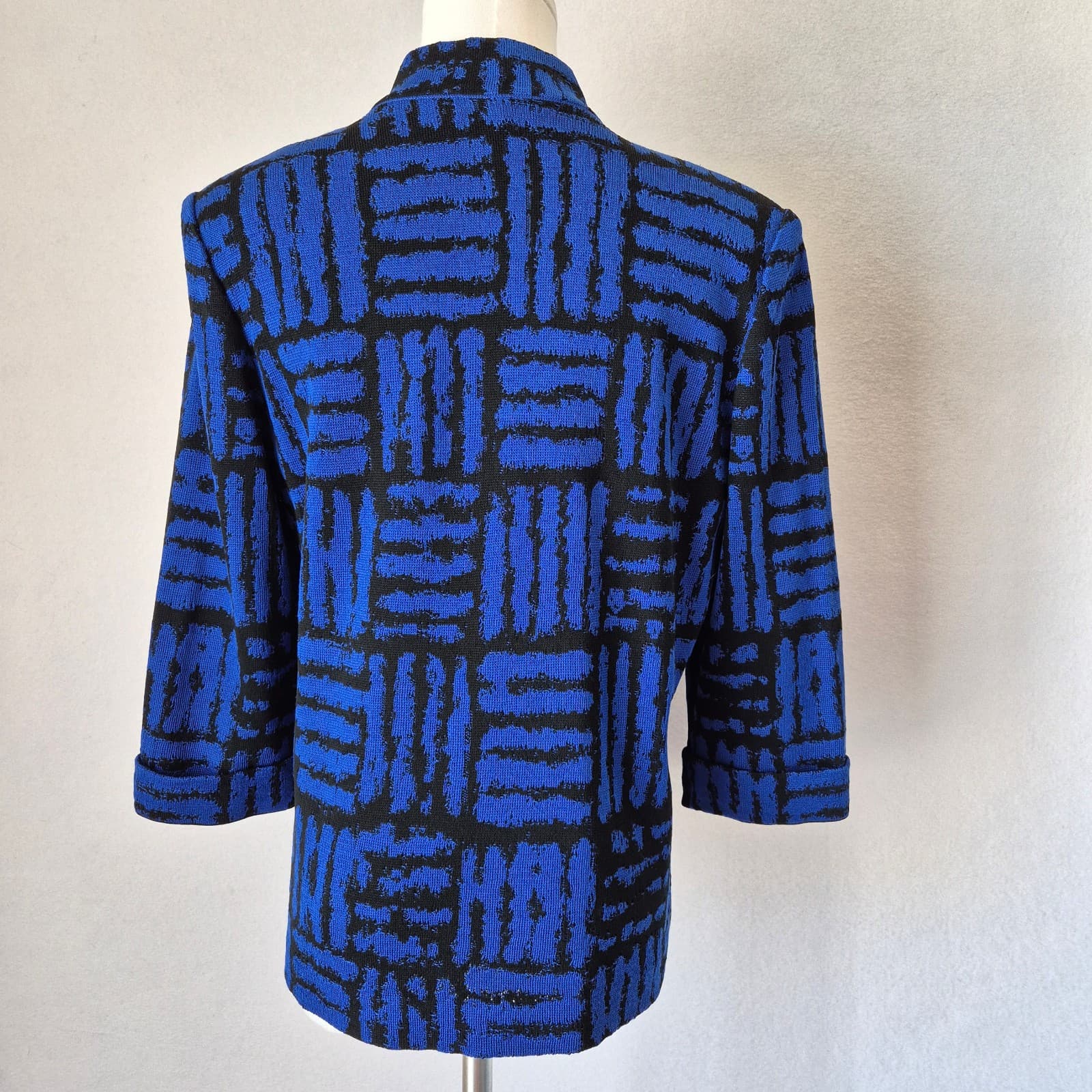 MING WANG Front-Button Cardigan Jacket 3/4 Sleeve Knit Geometric Blue Black Sz.S - Thumbnail 5