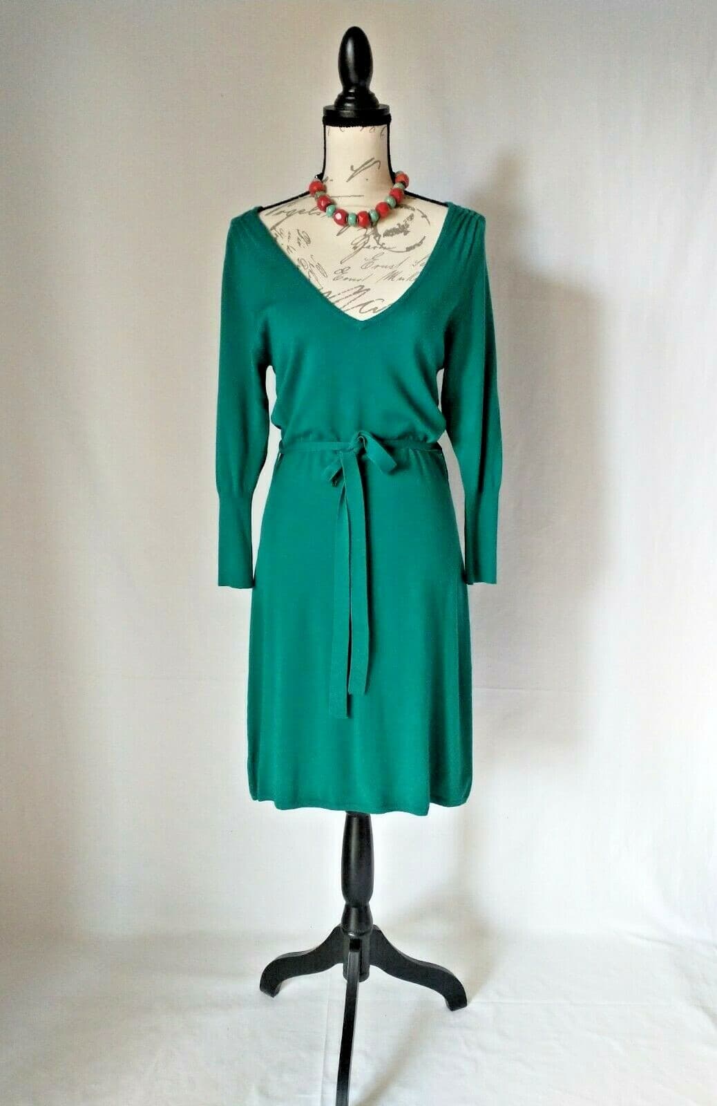 NWT VERTIGO PARIS Knit Sheath Dress Long Sleeve Tie-Waist Teal-Green Sz.L $240