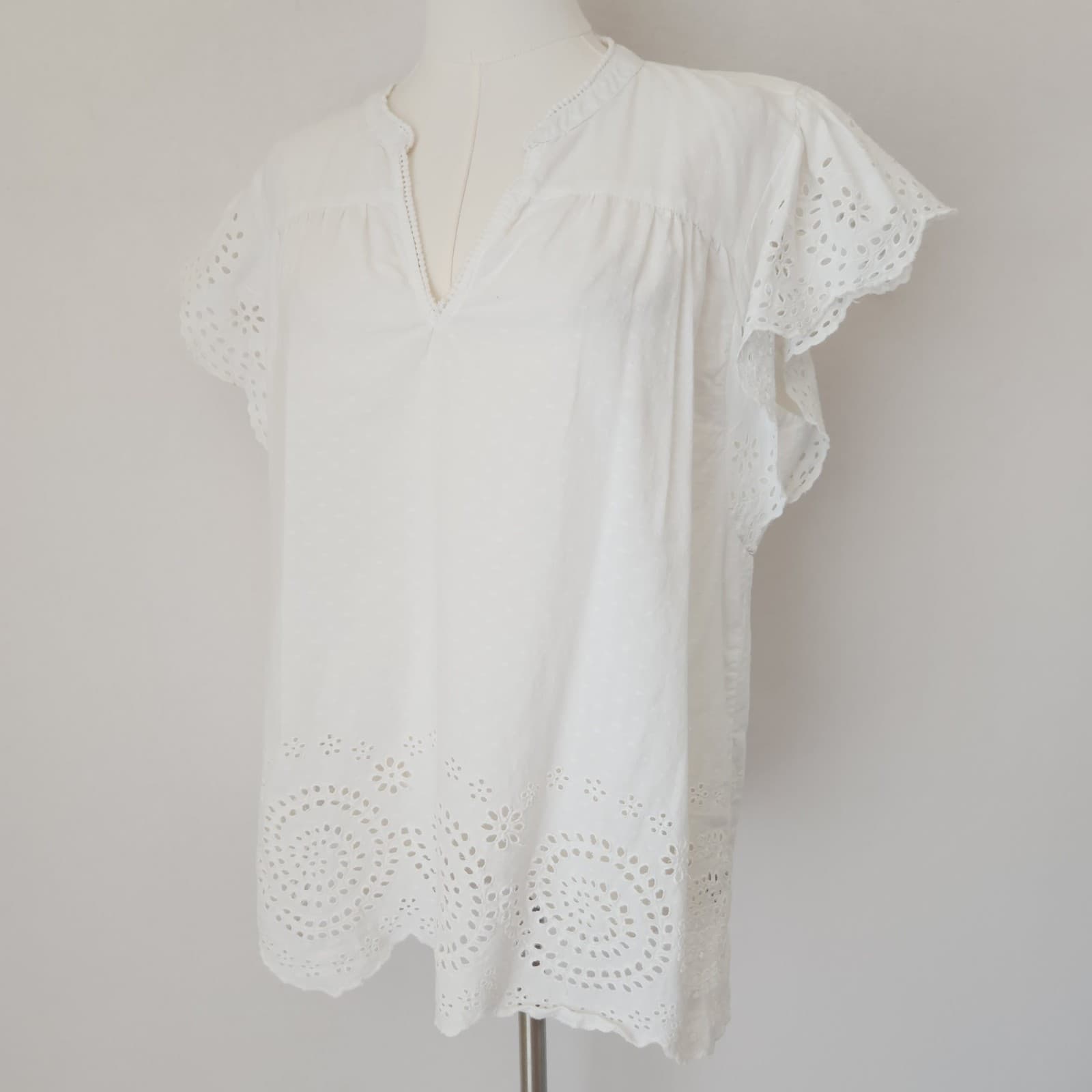 Faherty Aurora Cotton Embroidered Eyelet Blouse Cap Sleeve V-Neck White Sz.XL - Thumbnail 2