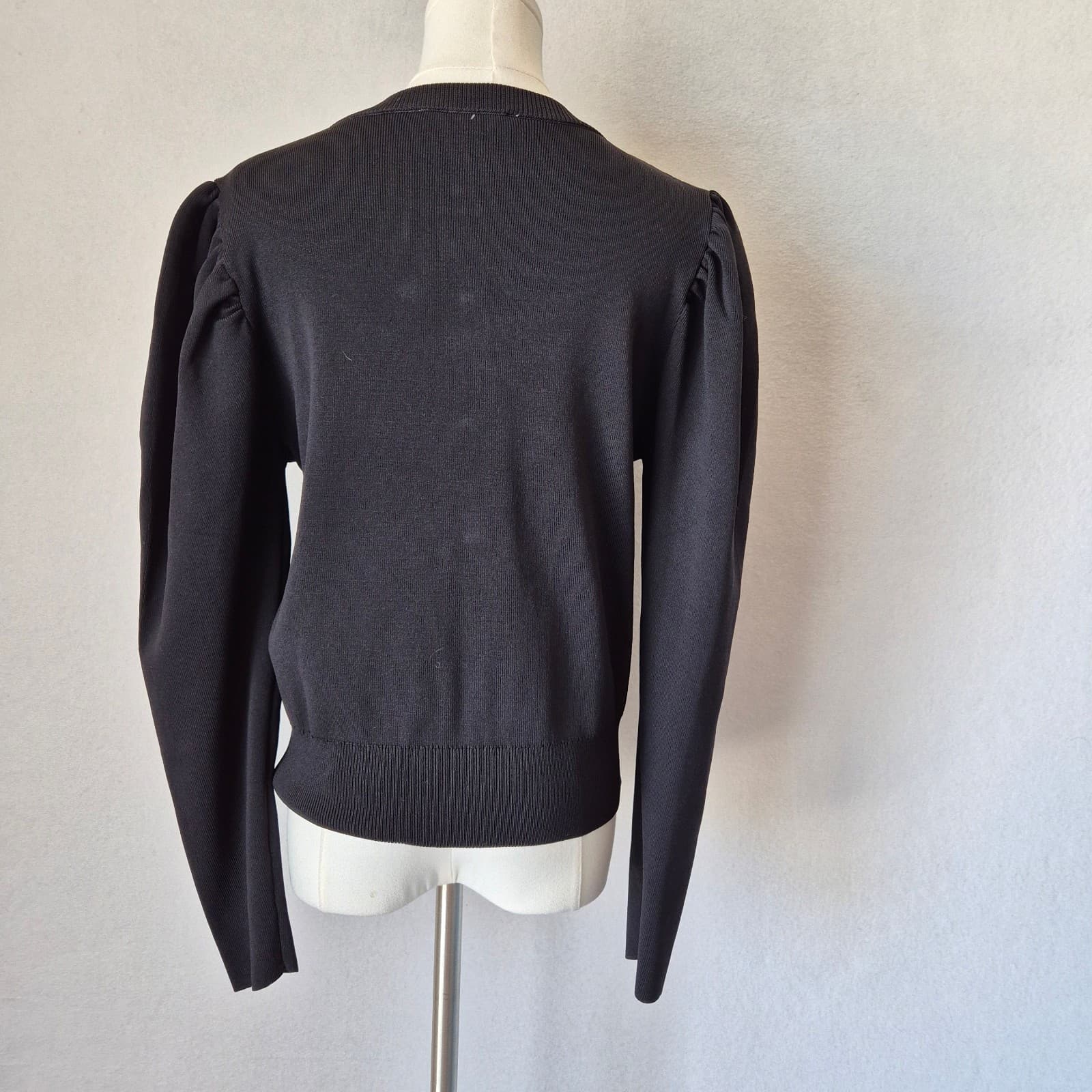 ZARA Size L Puff Sleeve Crew Neck Cardigan Faux Pearl Button Long Sleeve Black - Thumbnail 5