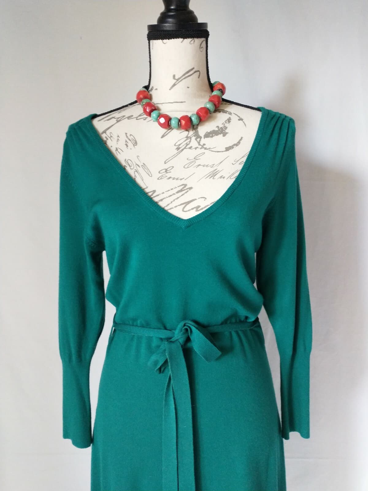 NWT VERTIGO PARIS Knit Sheath Dress Long Sleeve Tie-Waist Teal-Green Sz.L $240 - Thumbnail 2