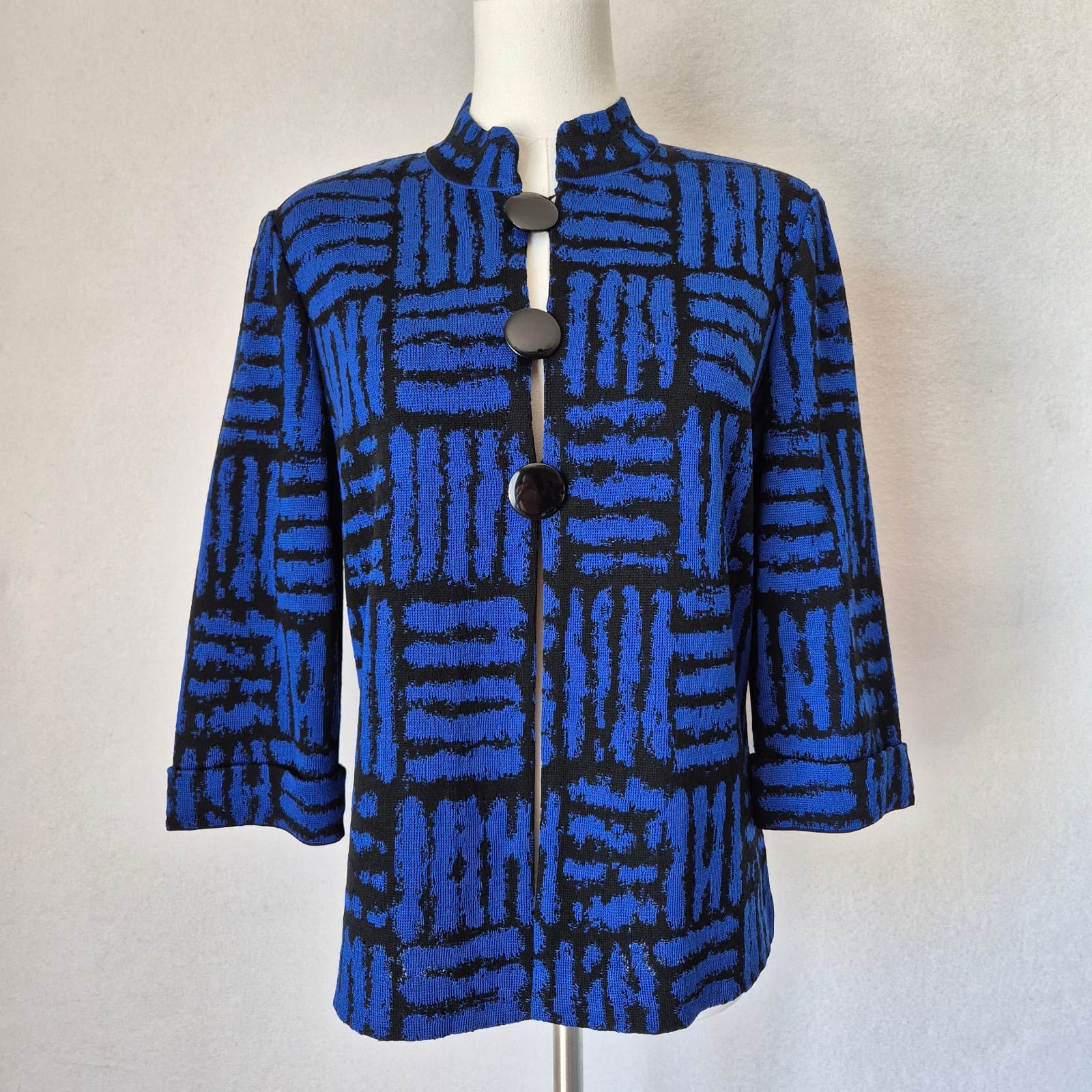MING WANG Front-Button Cardigan Jacket 3/4 Sleeve Knit Geometric Blue Black Sz.S - Thumbnail 3