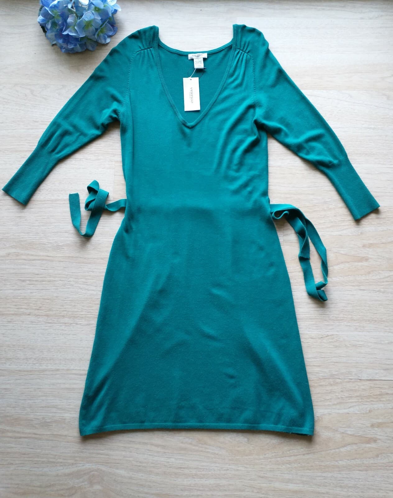 NWT VERTIGO PARIS Knit Sheath Dress Long Sleeve Tie-Waist Teal-Green Sz.L $240 - Thumbnail 6