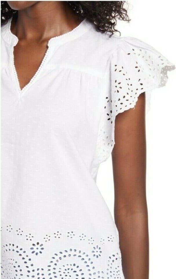 Faherty Aurora Cotton Embroidered Eyelet Blouse Cap Sleeve V-Neck White Sz.XL - Thumbnail 4