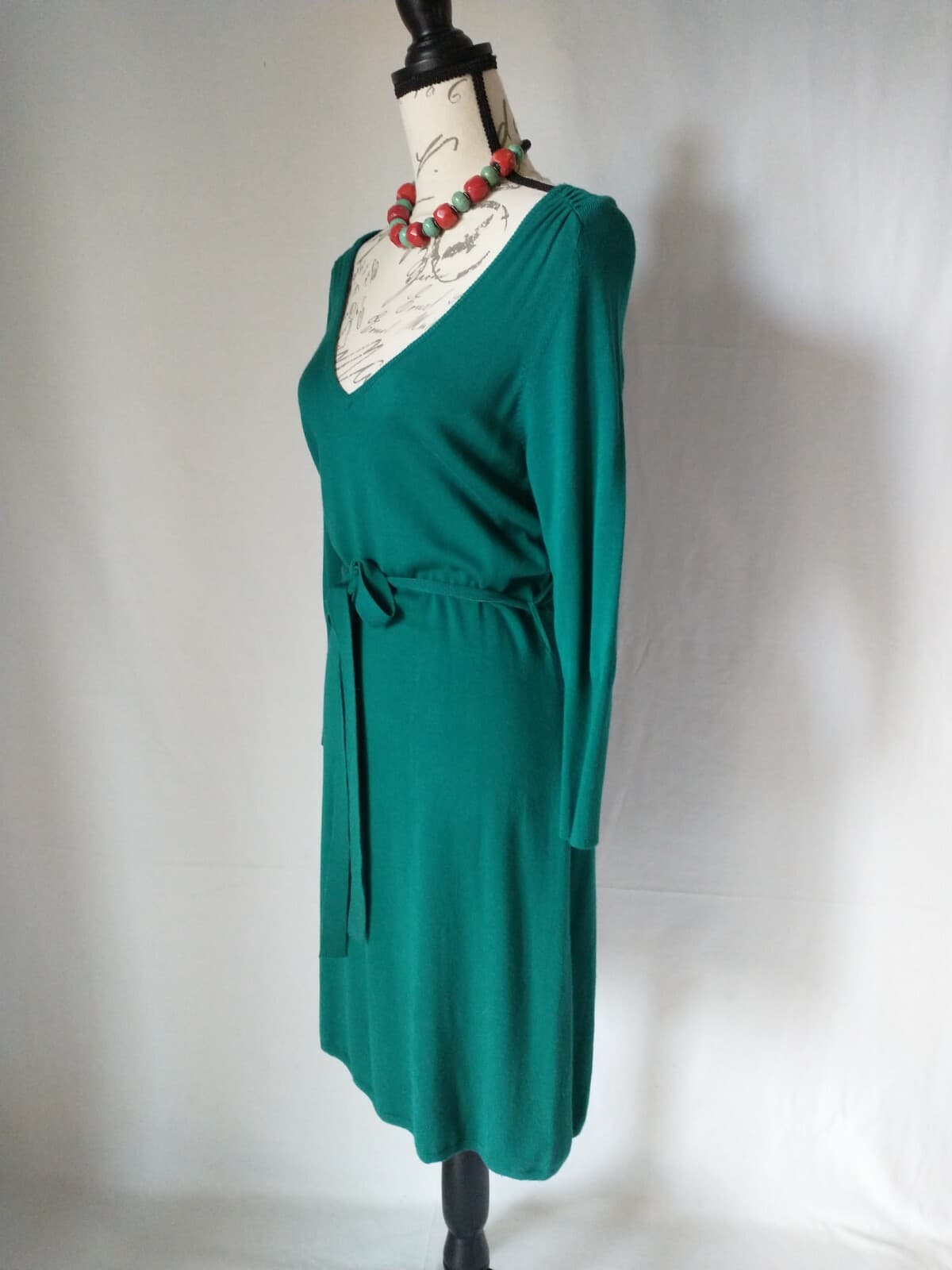NWT VERTIGO PARIS Knit Sheath Dress Long Sleeve Tie-Waist Teal-Green Sz.L $240 - Thumbnail 4