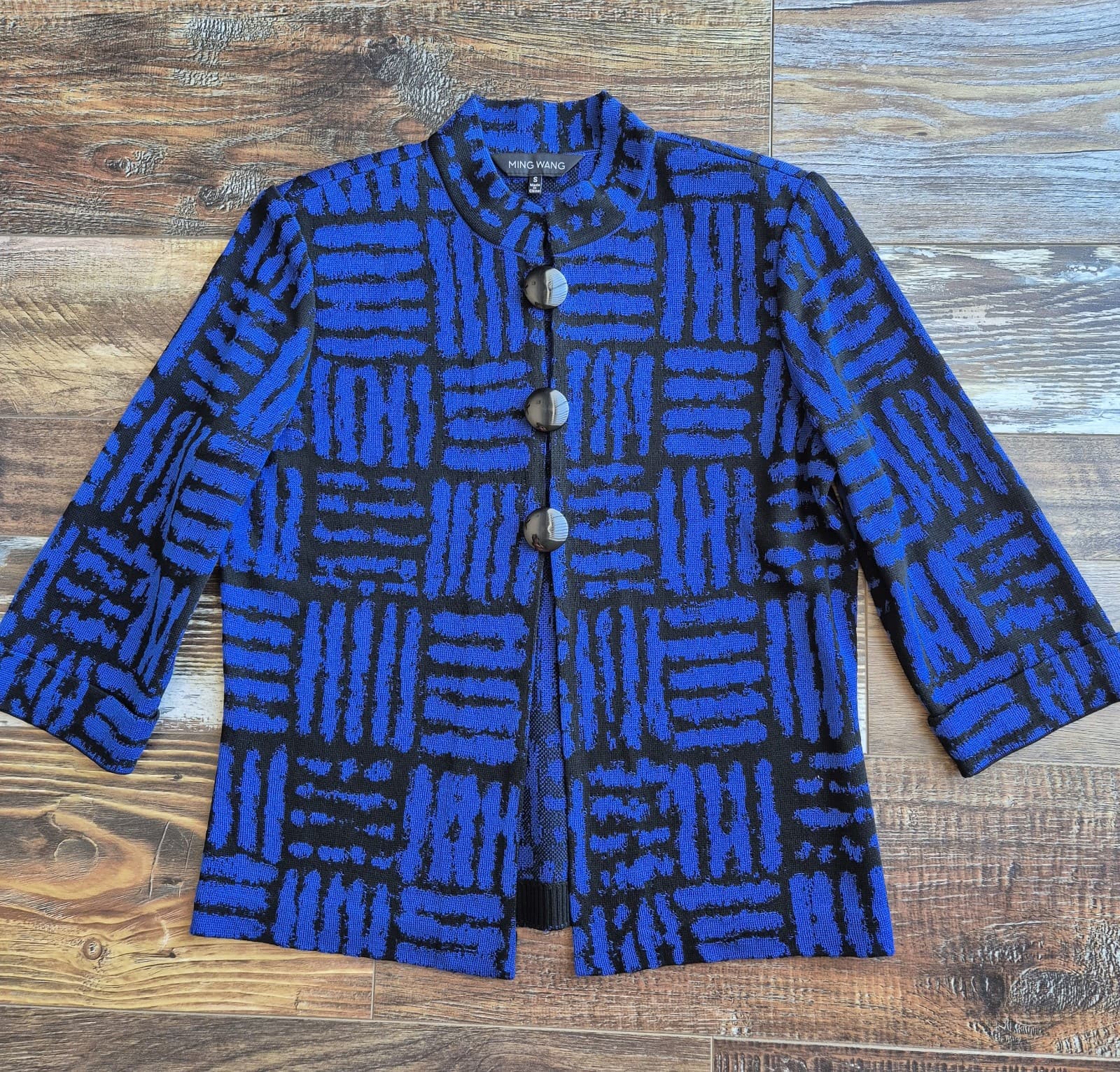 MING WANG Front-Button Cardigan Jacket 3/4 Sleeve Knit Geometric Blue Black Sz.S - Thumbnail 2