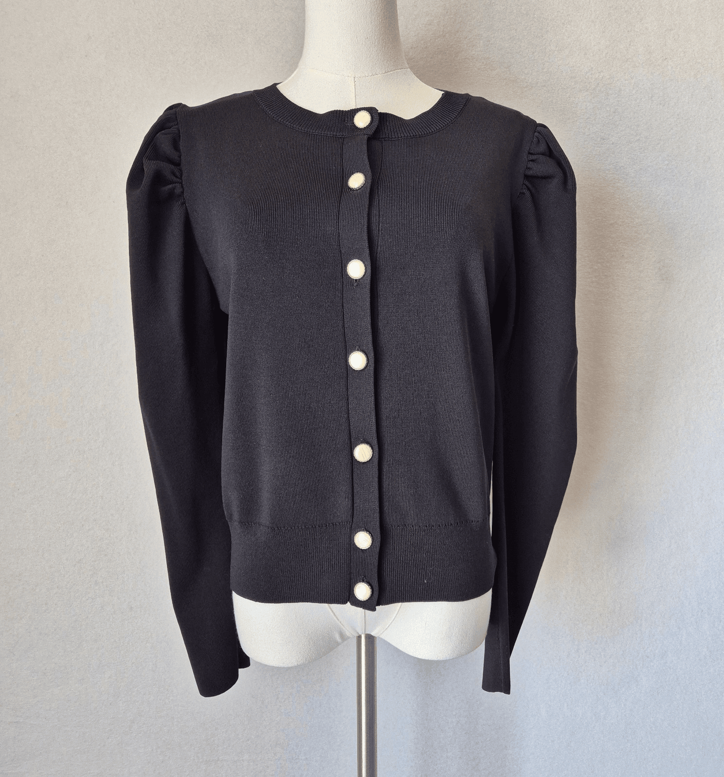 ZARA Size L Puff Sleeve Crew Neck Cardigan Faux Pearl Button Long Sleeve Black - Thumbnail 3