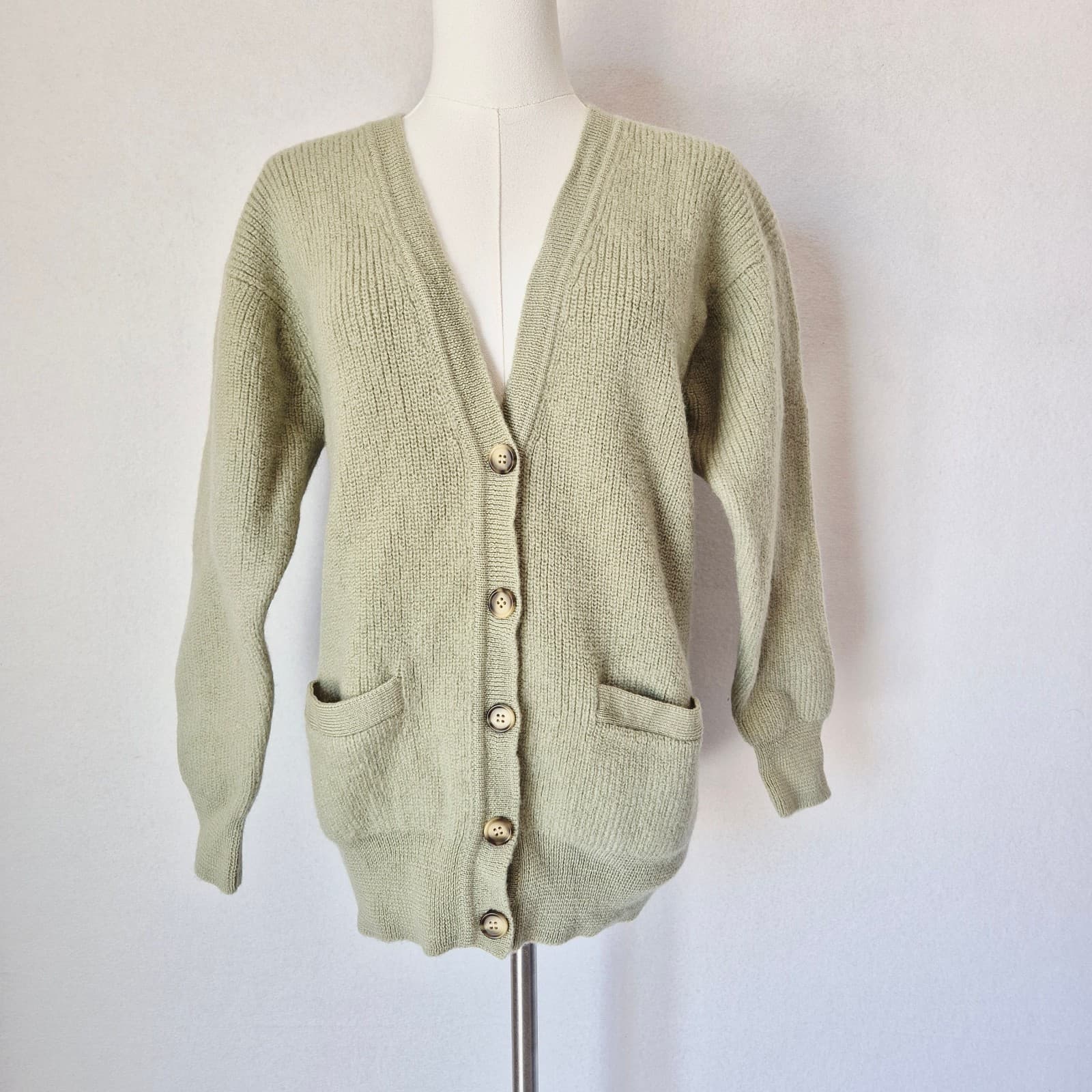 Vintage Lautreamont Japan 100% Wool Cardigan V-Neck Button Pocket Green Womens M - Thumbnail 2