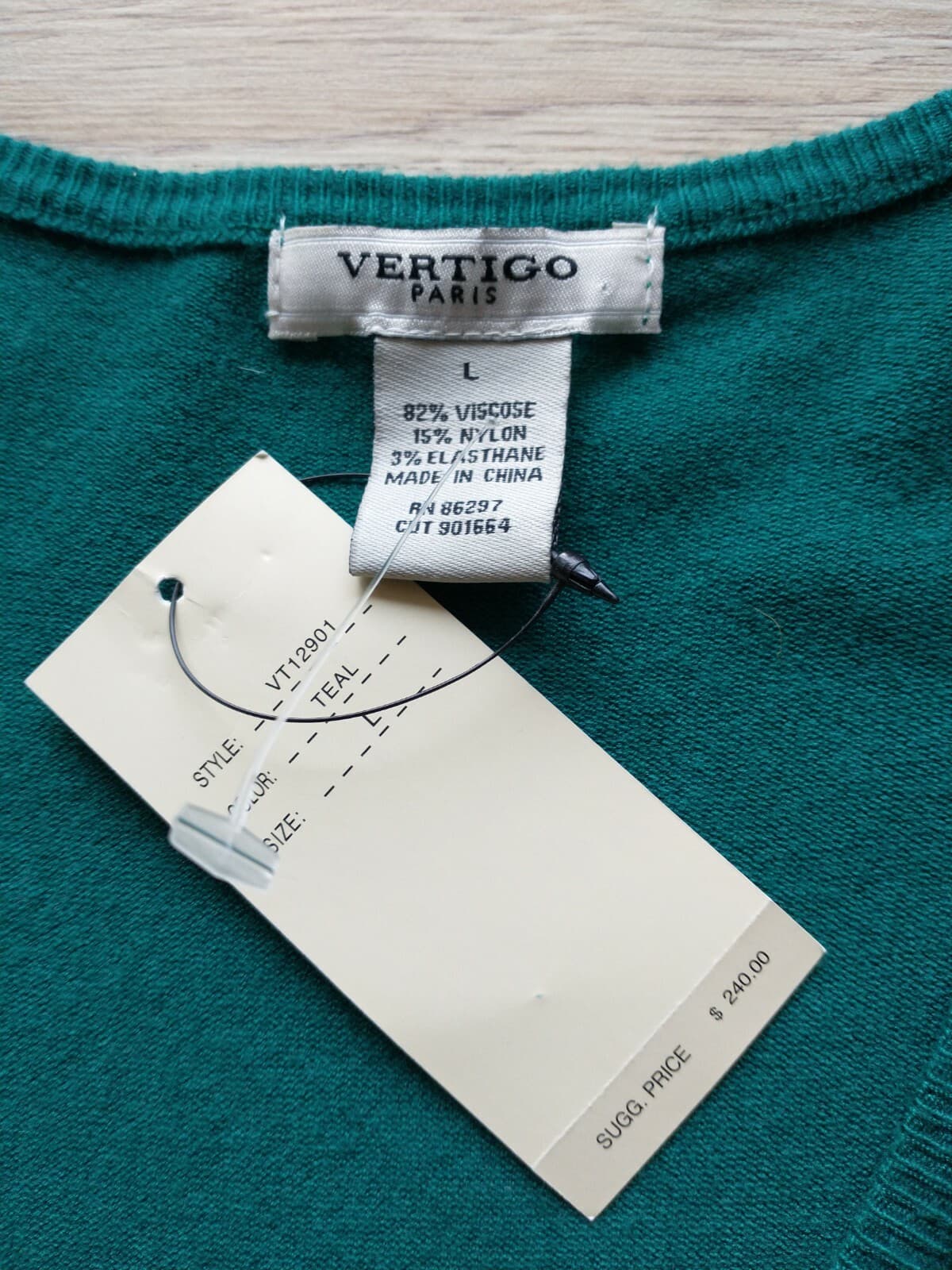 NWT VERTIGO PARIS Knit Sheath Dress Long Sleeve Tie-Waist Teal-Green Sz.L $240 - Thumbnail 8