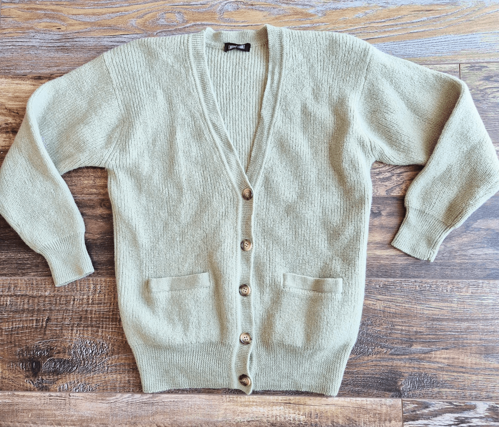 Vintage Lautreamont Japan 100% Wool Cardigan V-Neck Button Pocket Green Womens M