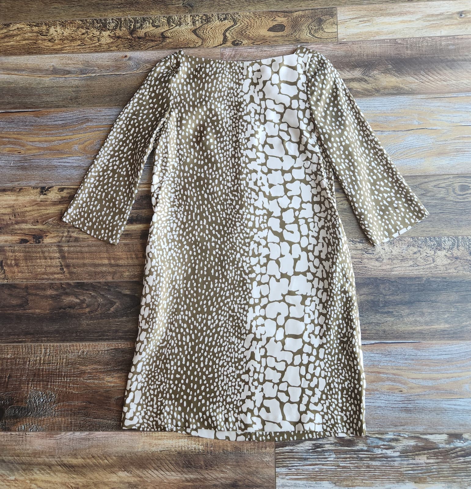 NWT J.Crew Silk Animal-Printed Twill Retro Mini Shift Dress Ivory Green Sz.2 - Thumbnail 4