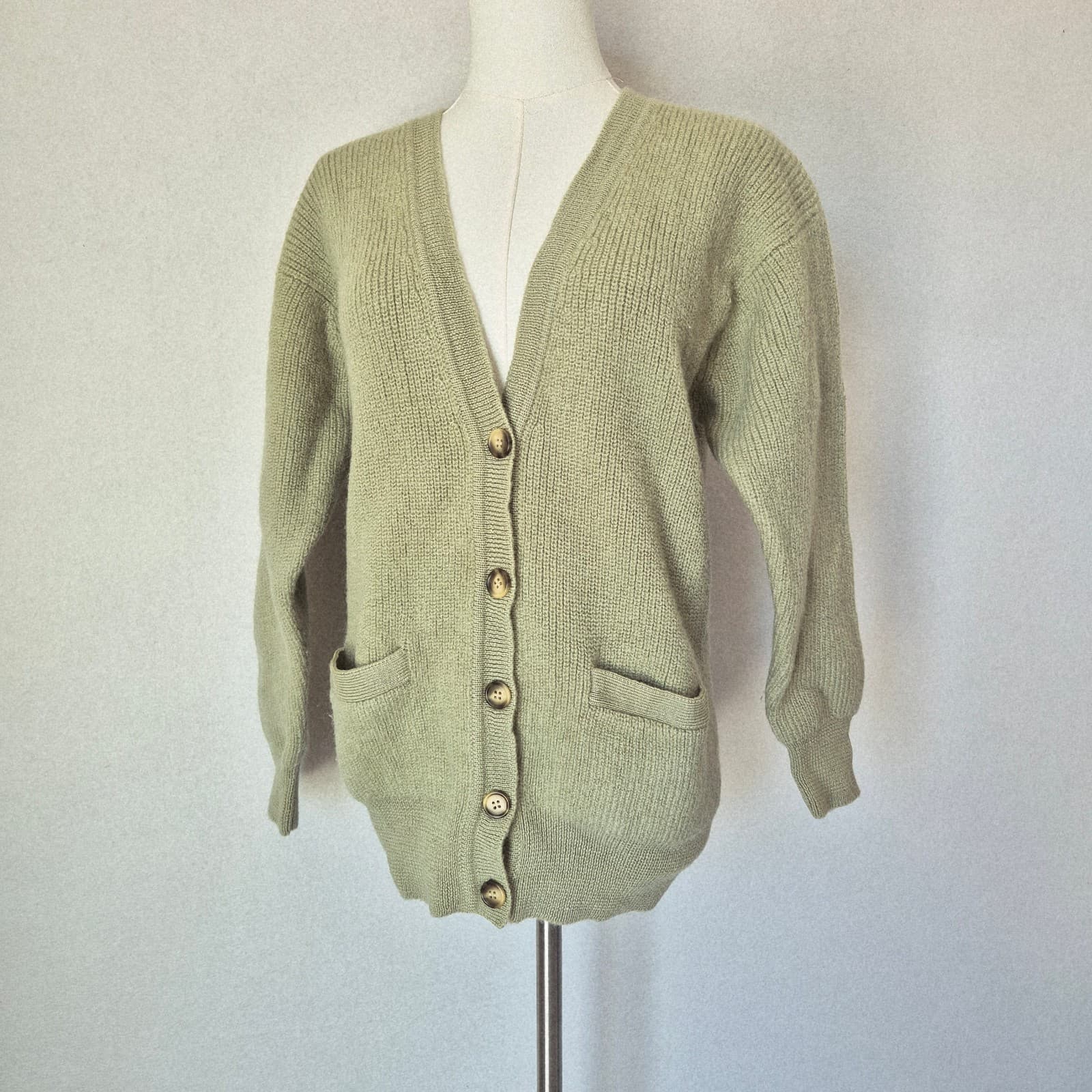 Vintage Lautreamont Japan 100% Wool Cardigan V-Neck Button Pocket Green Womens M - Thumbnail 4