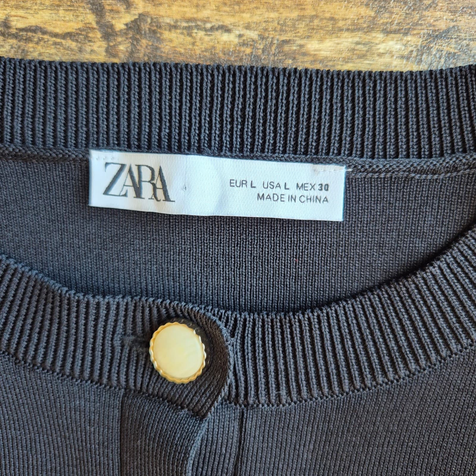 ZARA Size L Puff Sleeve Crew Neck Cardigan Faux Pearl Button Long Sleeve Black - Thumbnail 7