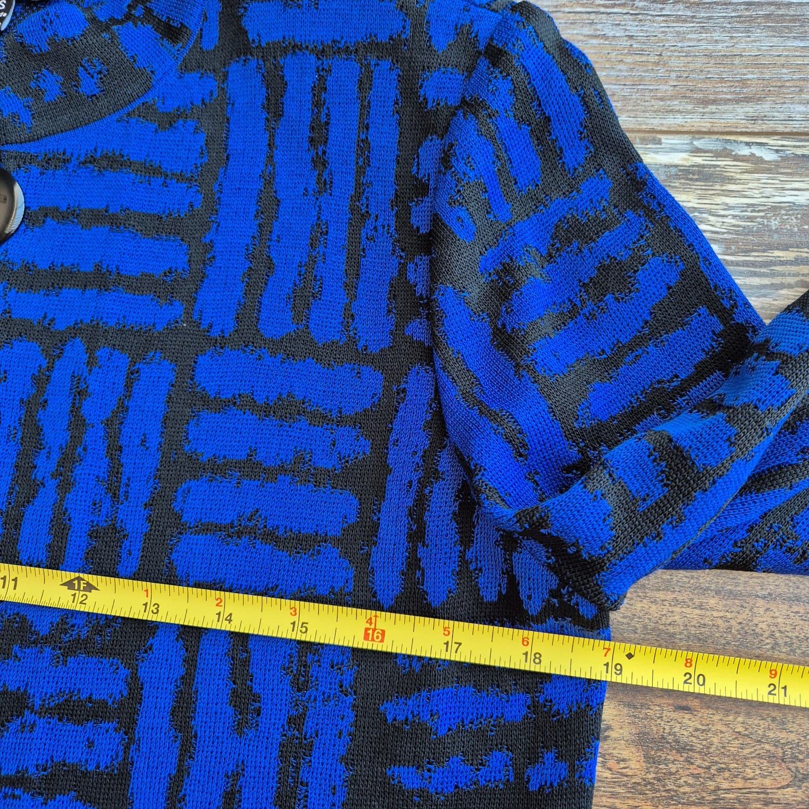 MING WANG Front-Button Cardigan Jacket 3/4 Sleeve Knit Geometric Blue Black Sz.S - Thumbnail 10