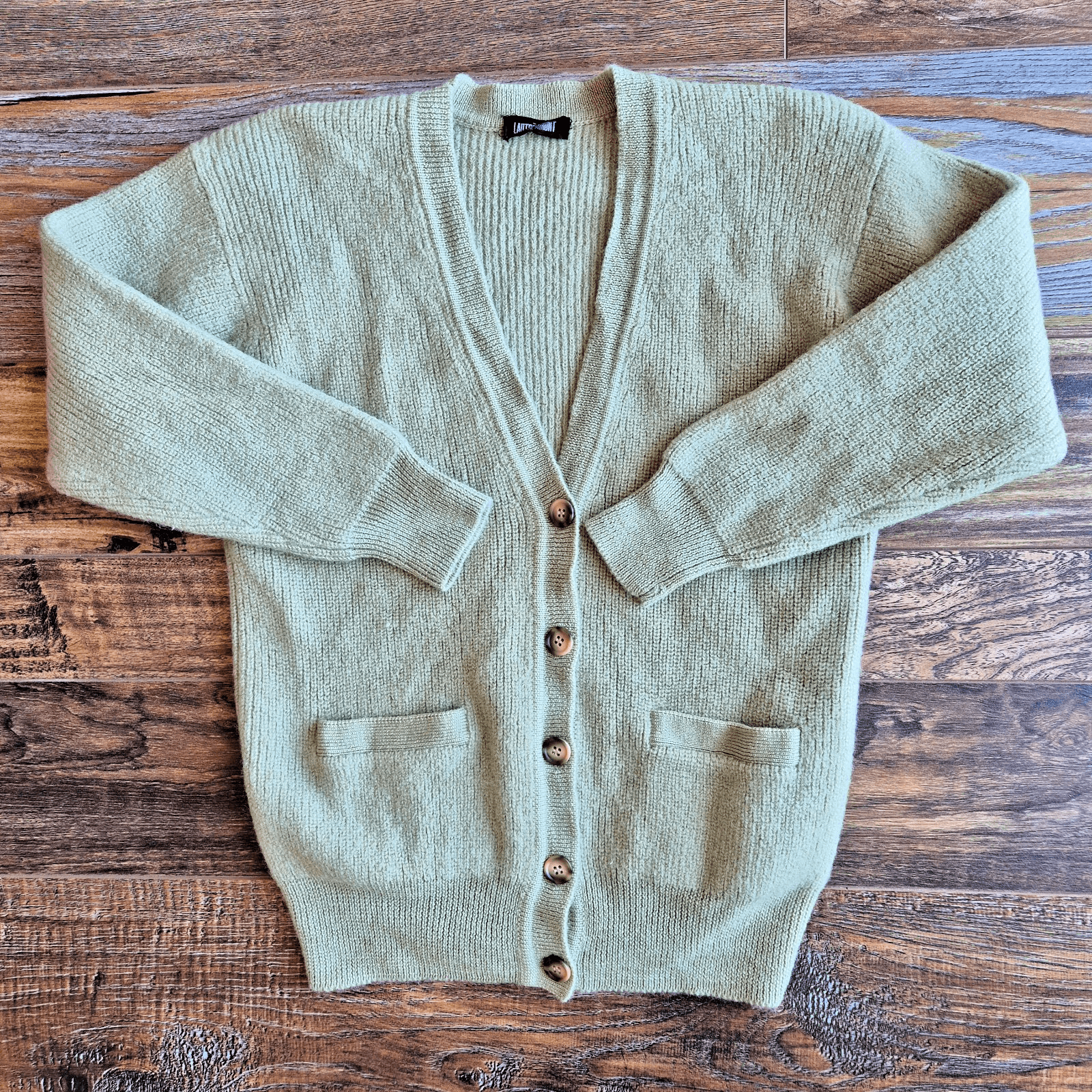Vintage Lautreamont Japan 100% Wool Cardigan V-Neck Button Pocket Green Womens M - Thumbnail 3