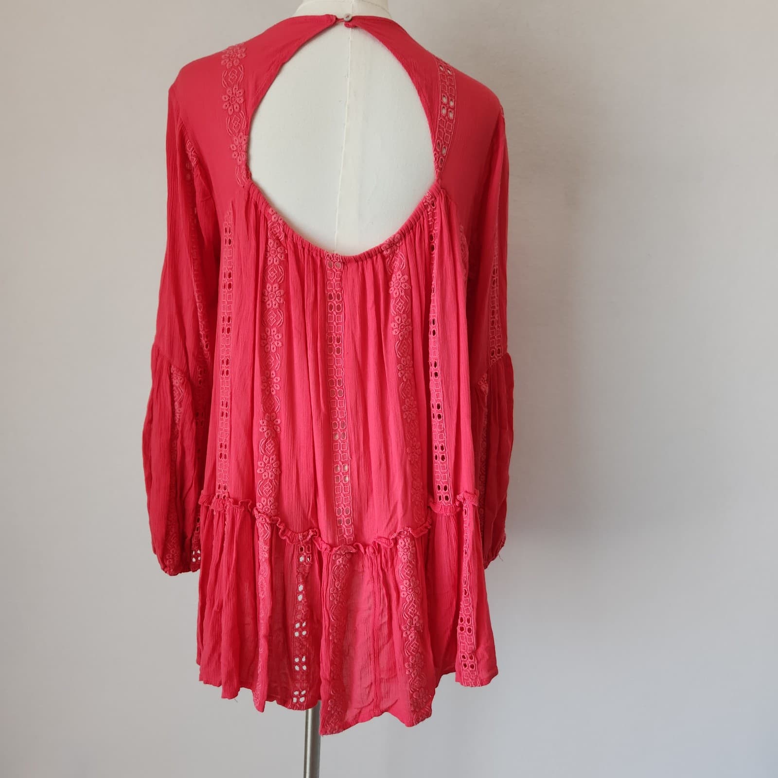 Free People Kiss Kiss Embroidered Eyelet Boho Mini Dress Long Sleeve Pink Sz.XS - Thumbnail 8