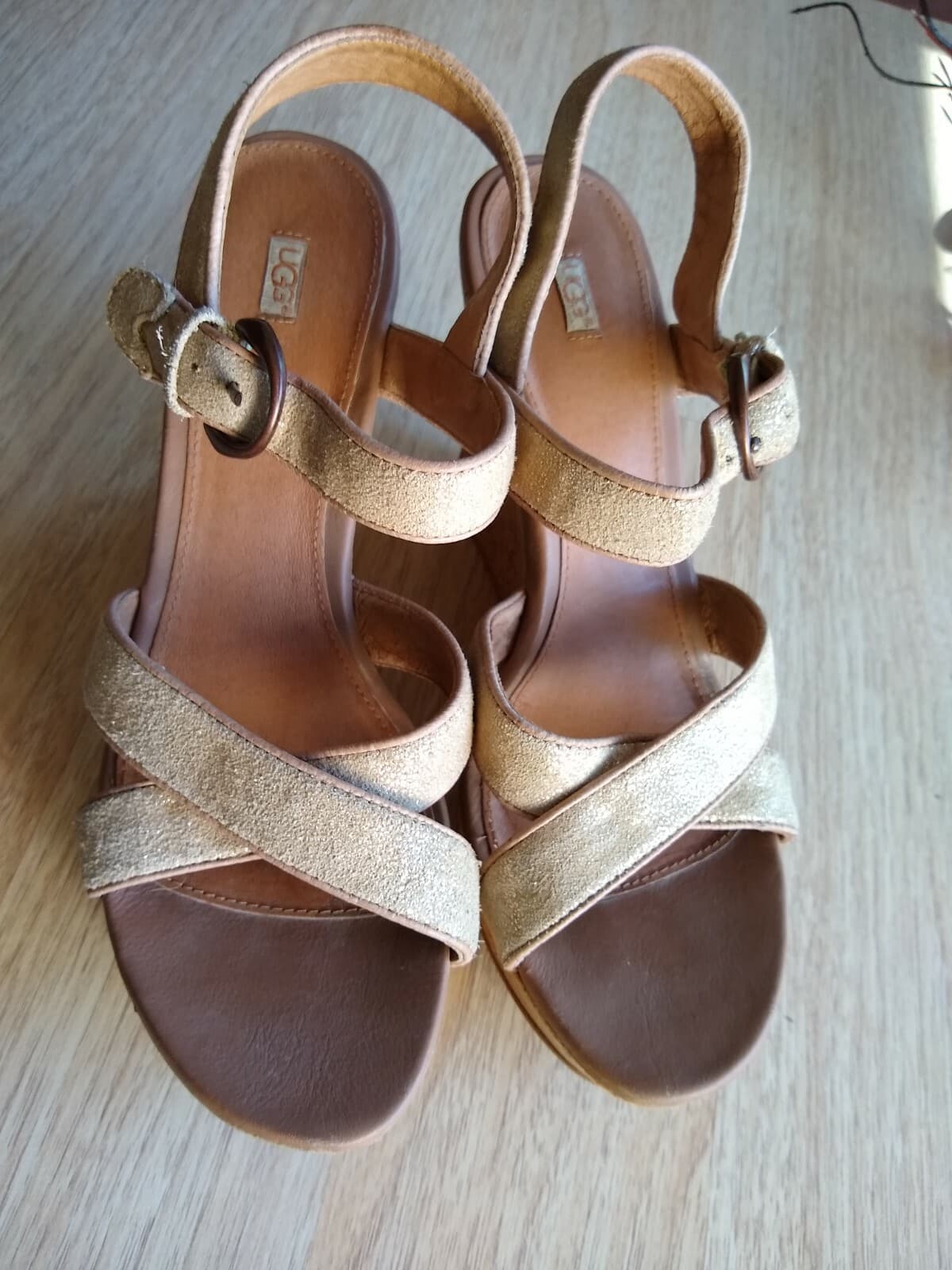 UGG Suede Leather Cork Wedge Sandals Buckle Strappy High Heel Tan Sz.10 - Thumbnail 2