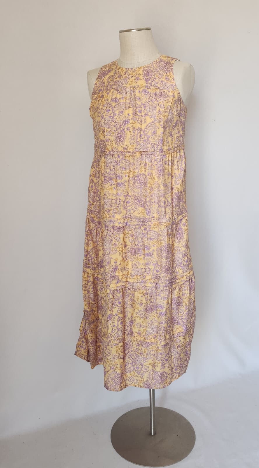 NWT J.Jill Floral Paisley Pleated-Tiers Maxi Dress Sleeveless Yellow Rayon Sz.XS