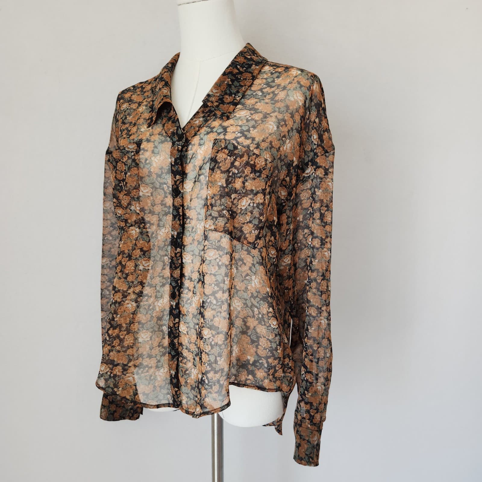 Free People Floral Sheer Chiffon Button-Up Shirt Long Sleeve Pocket Women's XS - Thumbnail 2