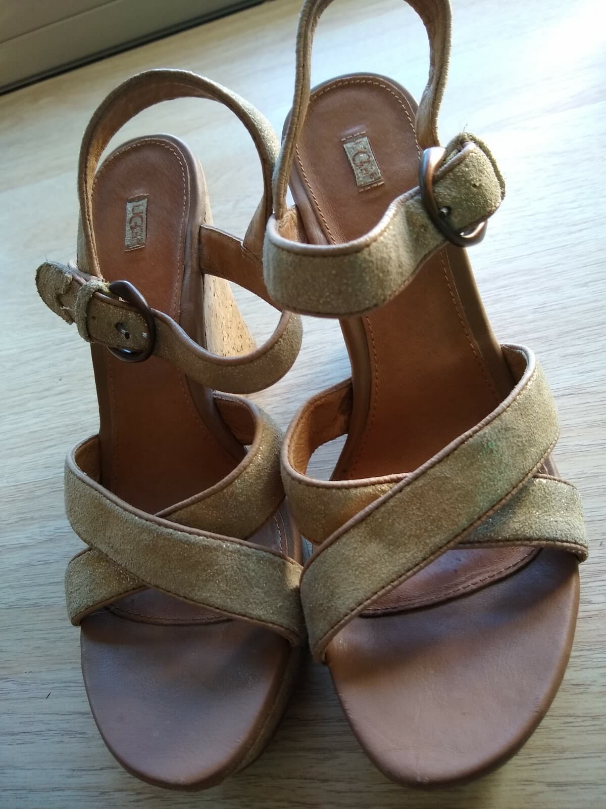 UGG Suede Leather Cork Wedge Sandals Buckle Strappy High Heel Tan Sz.10 - Thumbnail 4