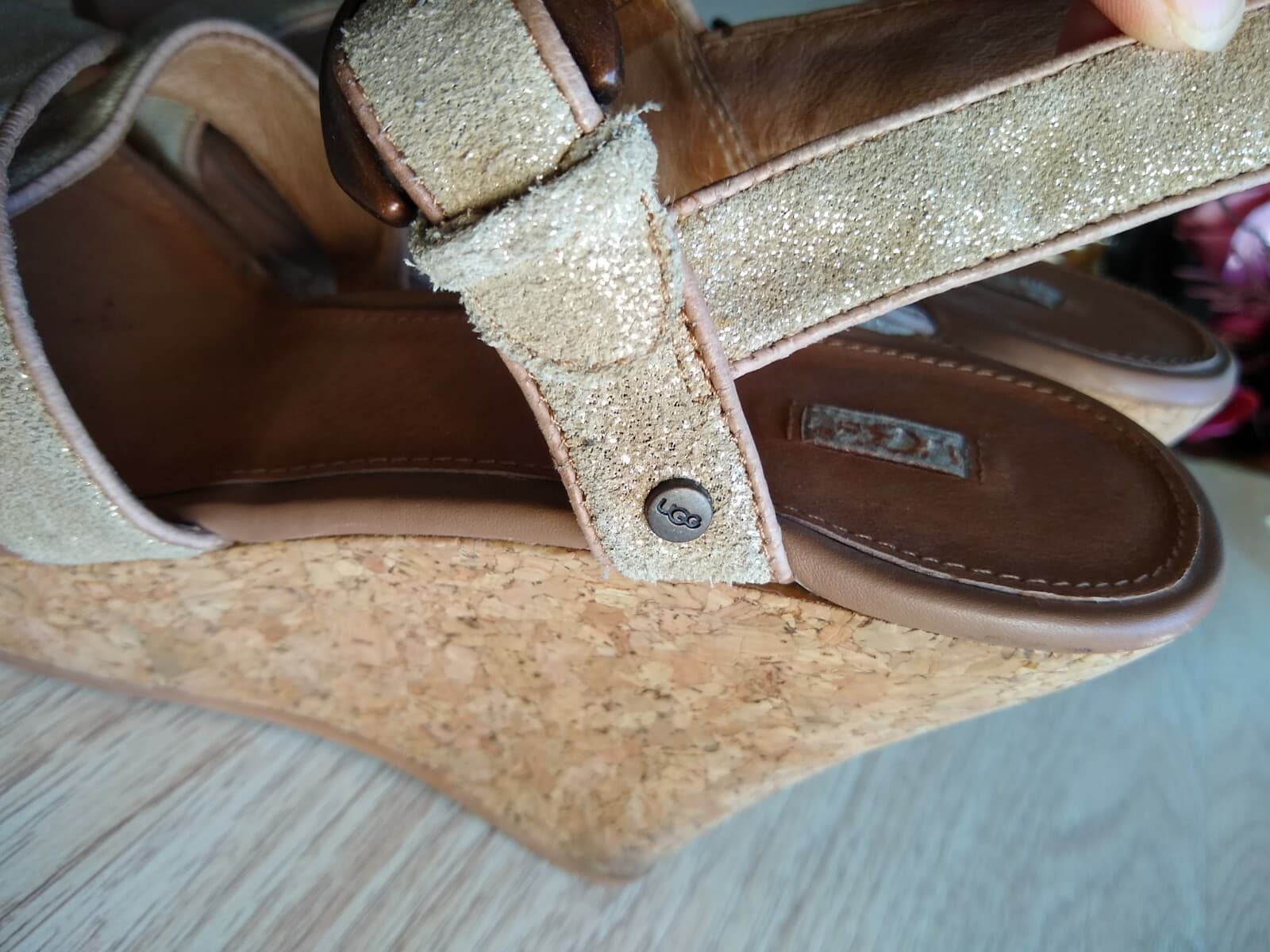 UGG Suede Leather Cork Wedge Sandals Buckle Strappy High Heel Tan Sz.10 - Thumbnail 5