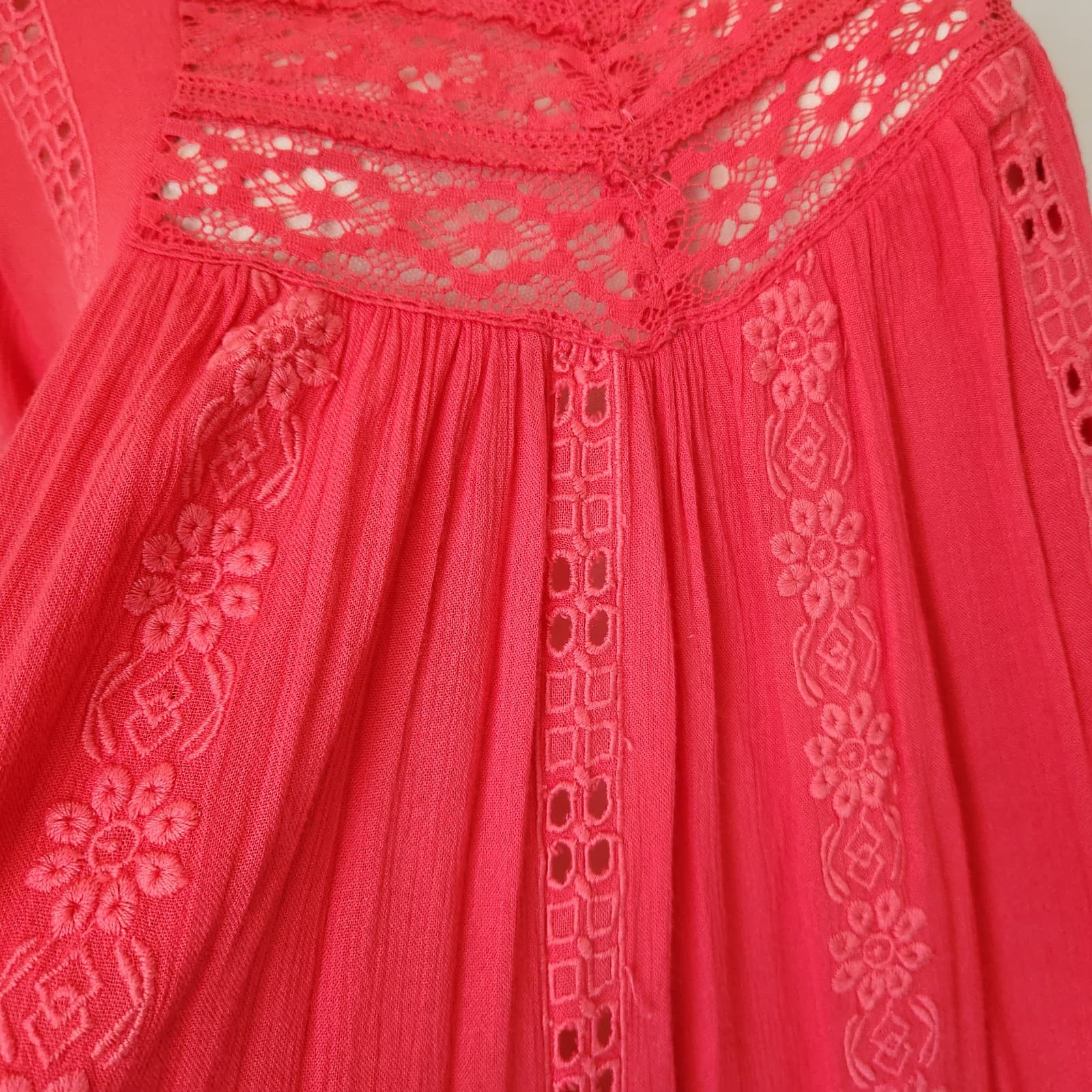 Free People Kiss Kiss Embroidered Eyelet Boho Mini Dress Long Sleeve Pink Sz.XS - Thumbnail 4